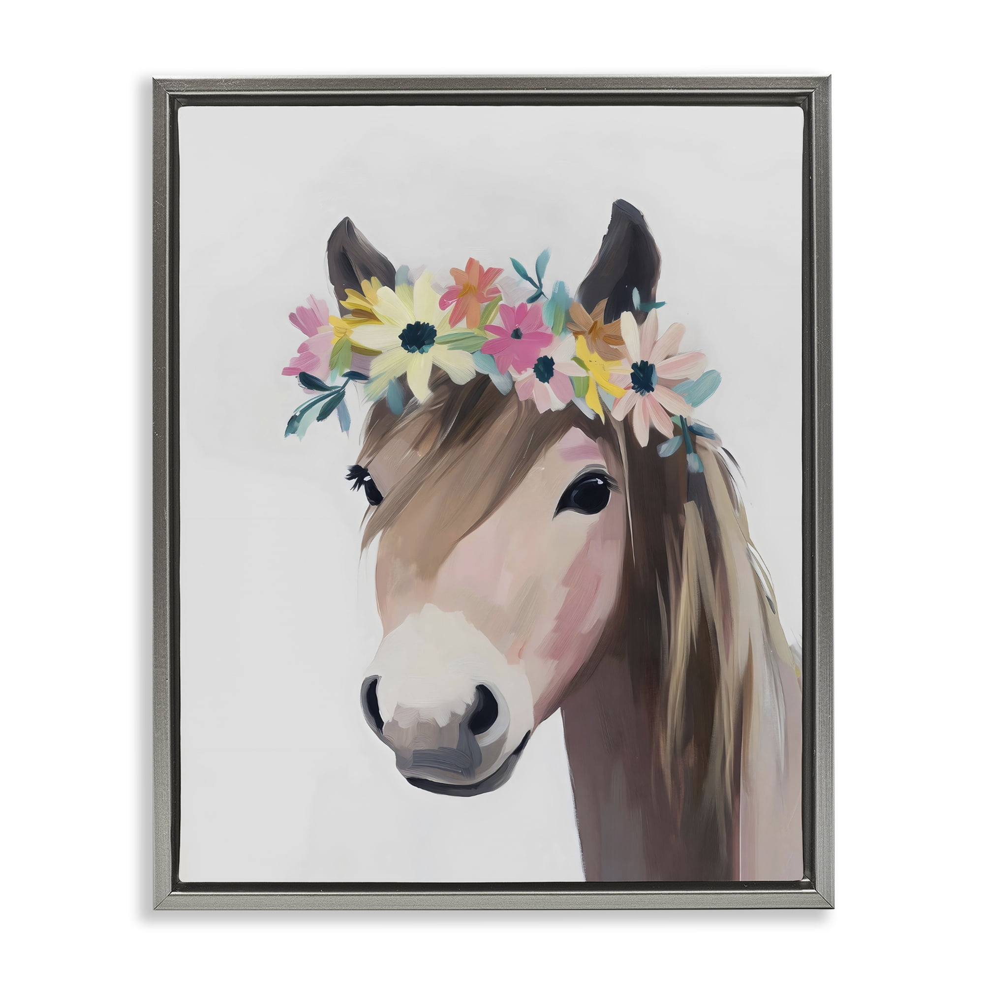 Stupell Industries Flower Crown Horse Gray Framed Floater Canvas Wall Art, design by The Prints Vibe