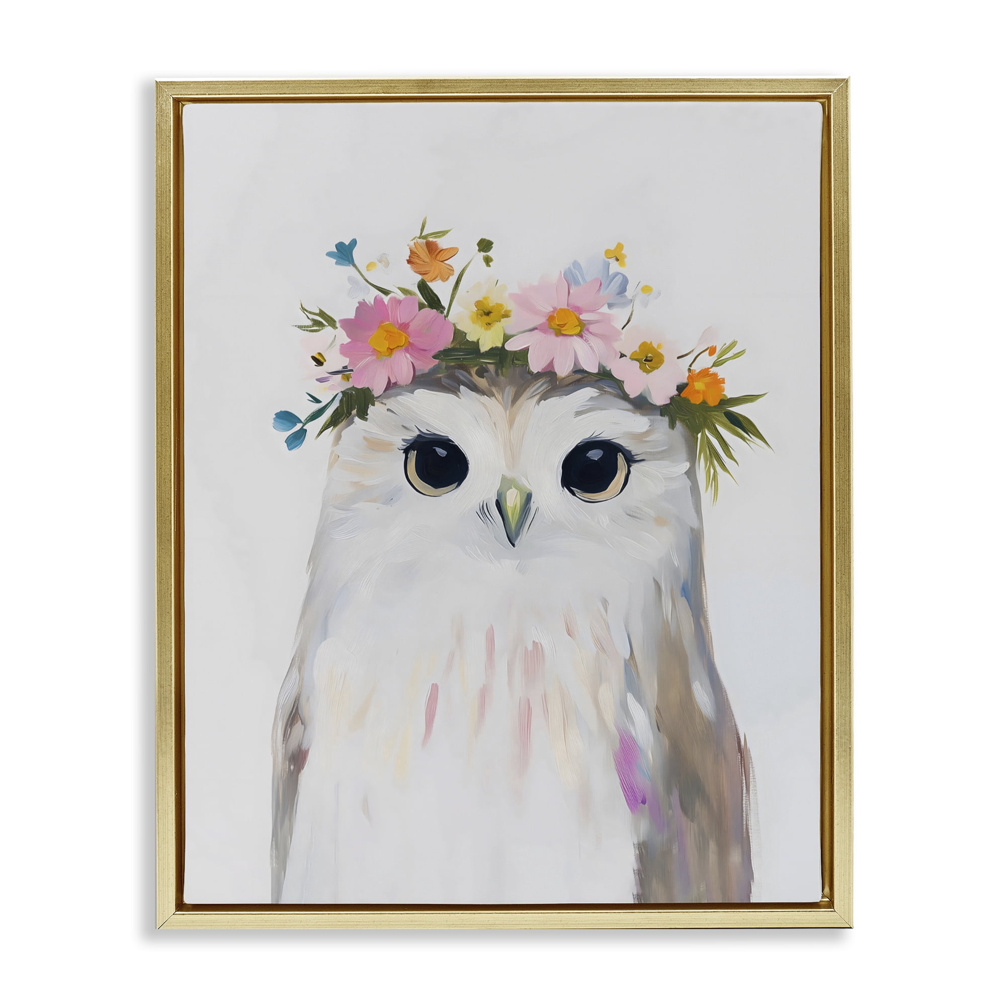 Stupell Industries Flower Crown Owl Gold Framed Floater Canvas Wall Art, design by The Prints Vibe