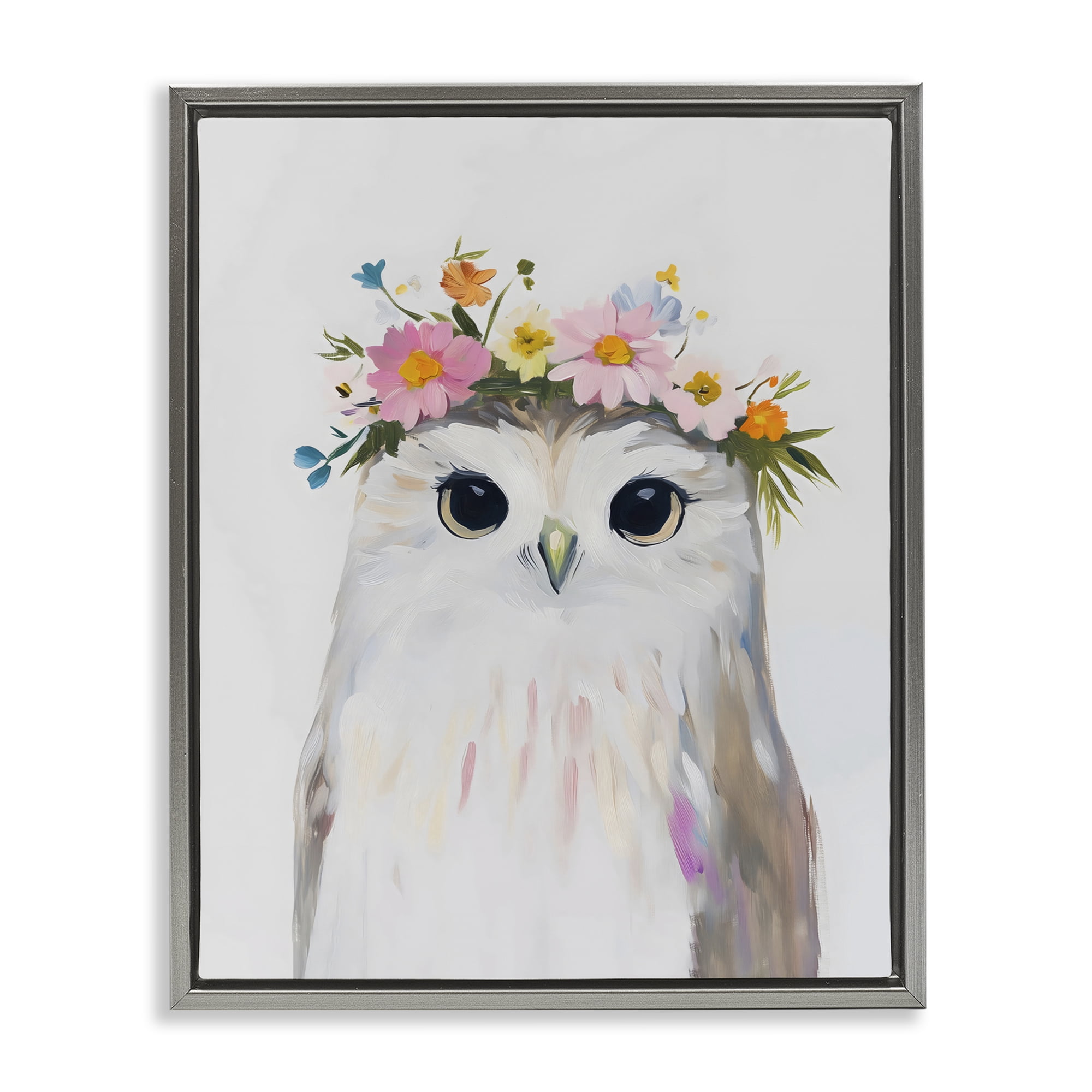 Stupell Industries Flower Crown Owl Gray Framed Floater Canvas Wall Art, design by The Prints Vibe