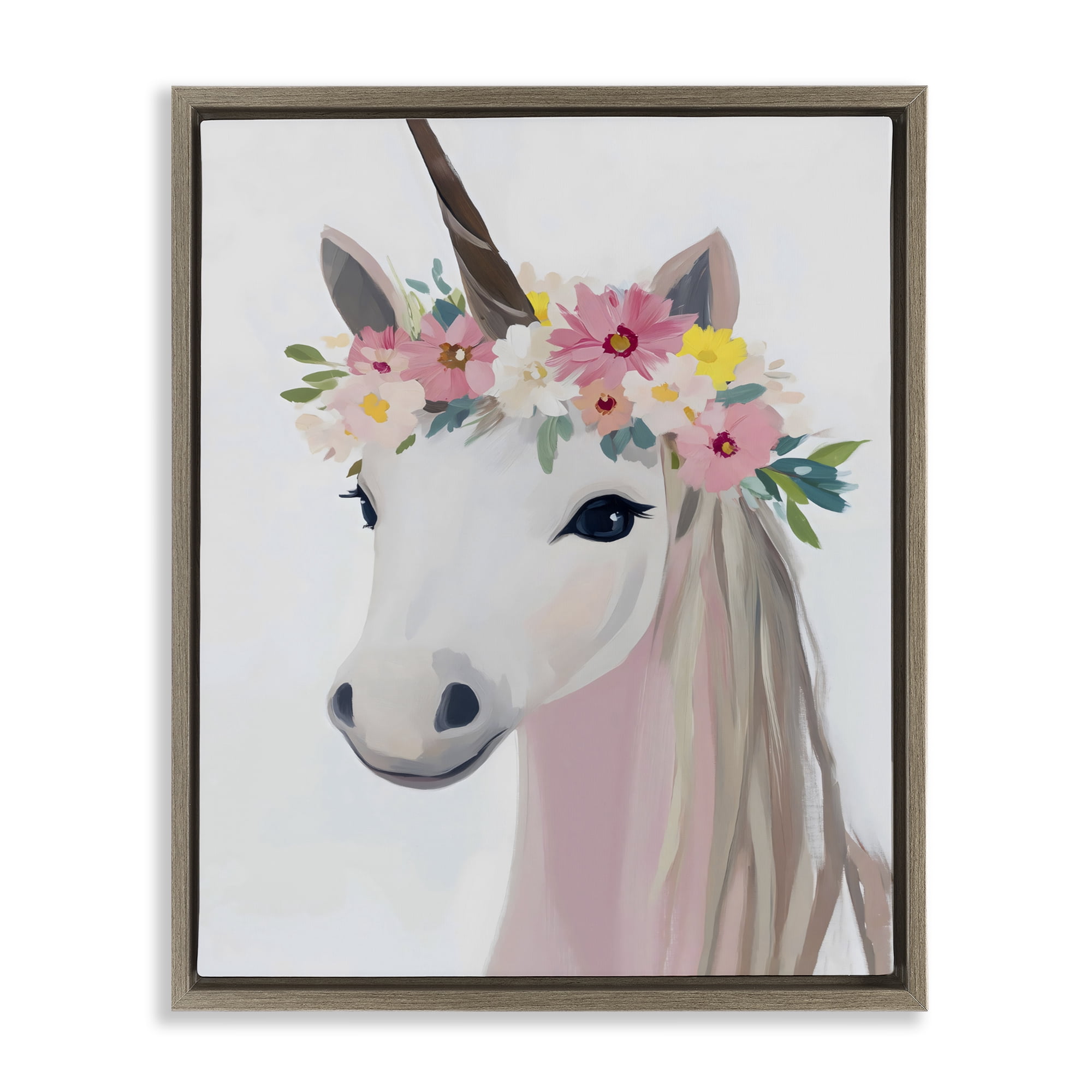 Stupell Industries Flower Crown Unicorn Brown Framed Floater Canvas Wall Art, design by The Prints Vibe
