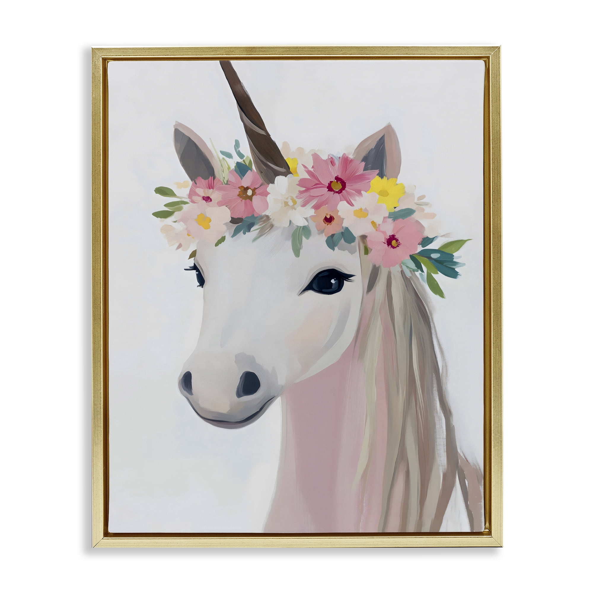 Stupell Industries Flower Crown Unicorn Gold Framed Floater Canvas Wall Art, design by The Prints Vibe