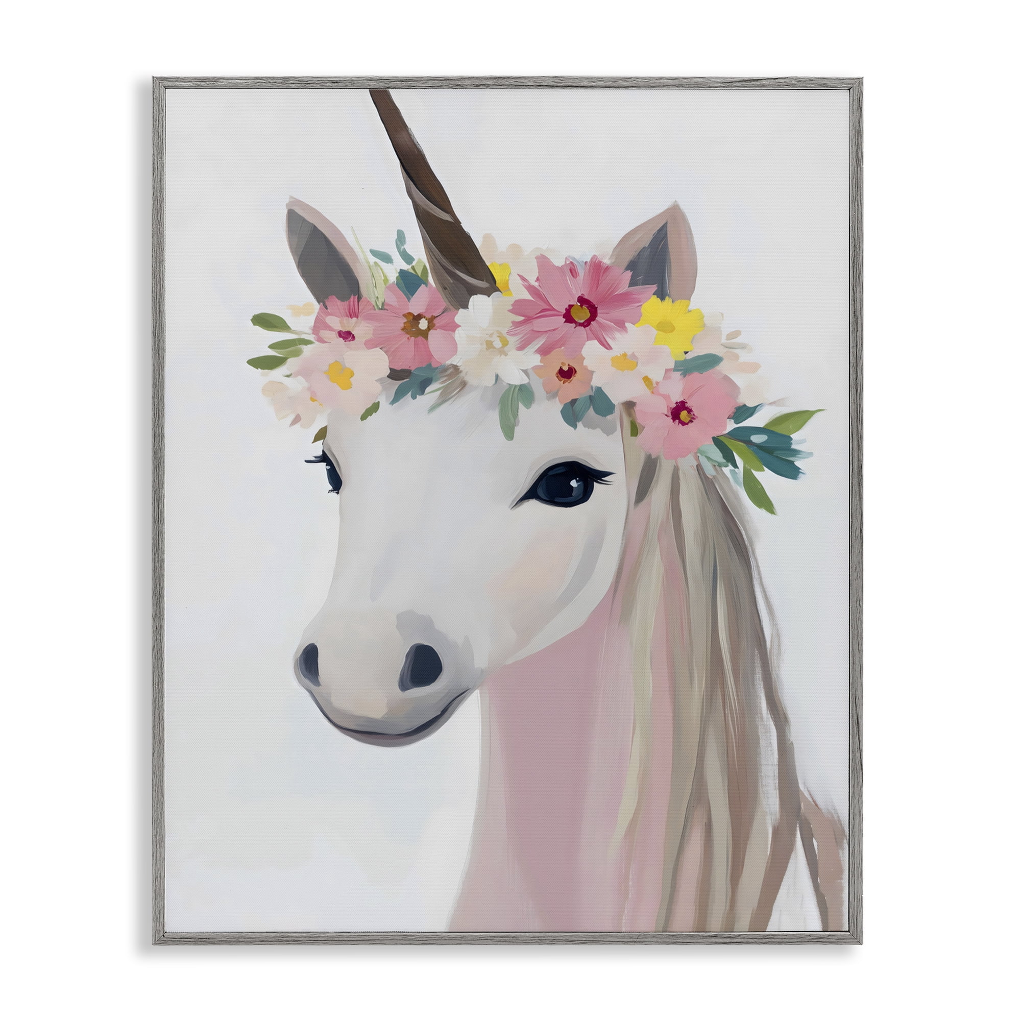 Stupell Industries Flower Crown Unicorn Gray Framed Giclee Art, design by The Prints Vibe