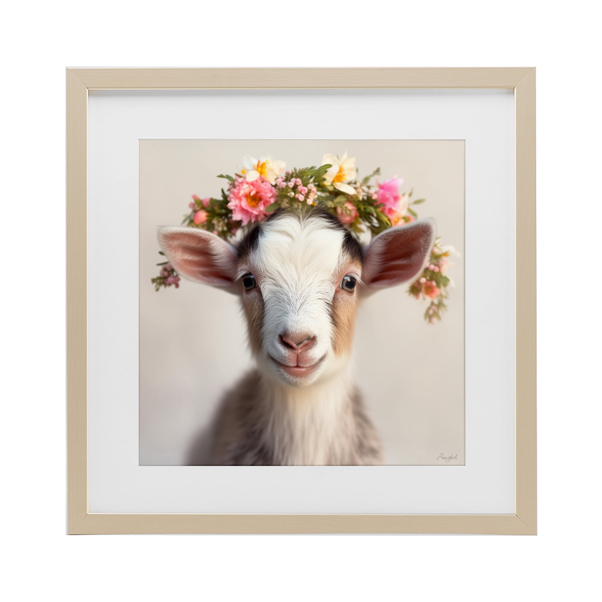 Stupell Industries Flower Crowned Goat Birch Framed Print Under Glass, design by Roozbeh