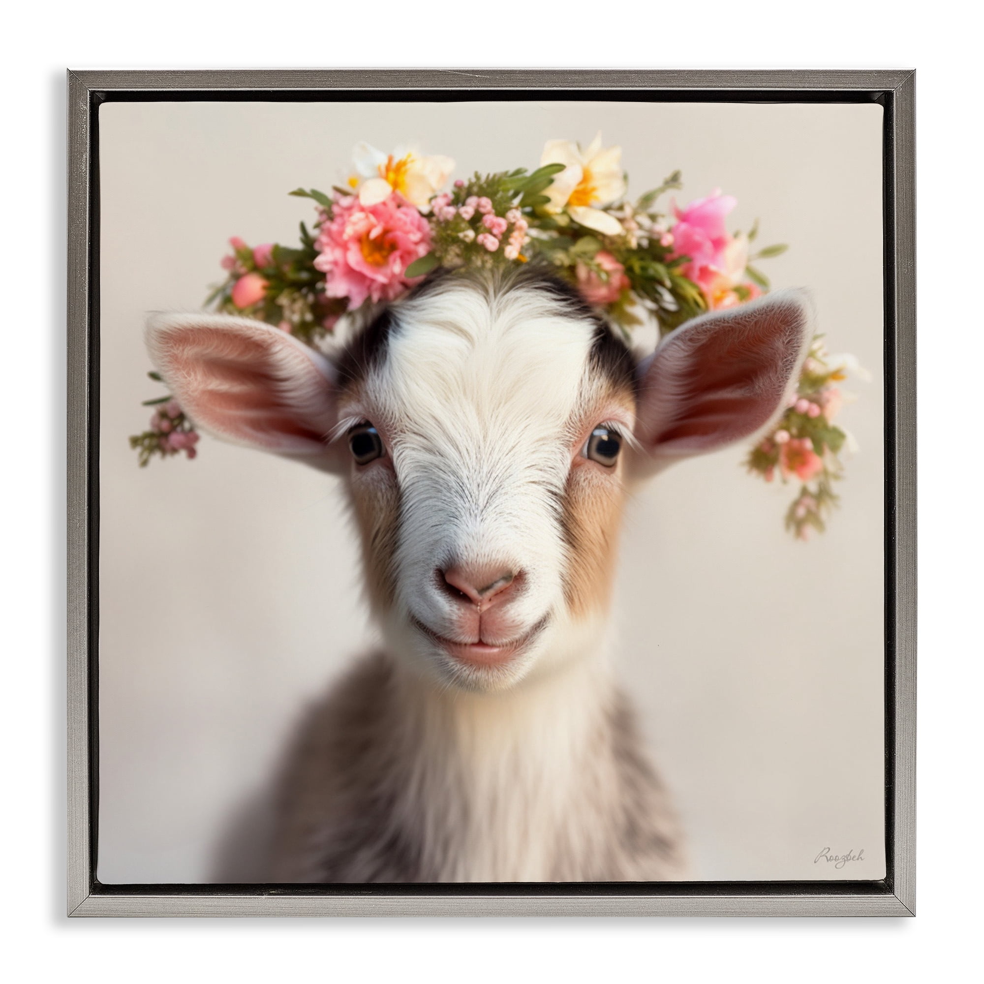 Stupell Industries Flower Crowned Goat Gray Framed Floater Canvas Wall Art, design by Roozbeh