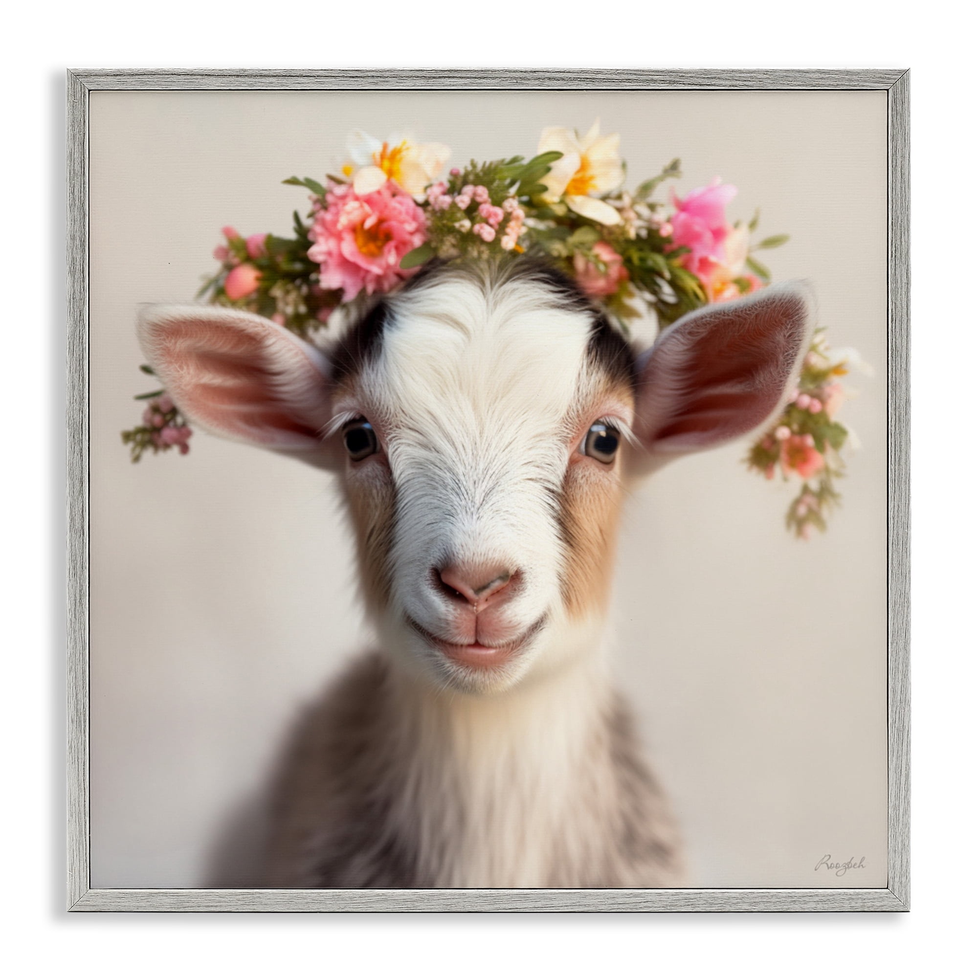 Stupell Industries Flower Crowned Goat Gray Framed Giclee Art, design by Roozbeh