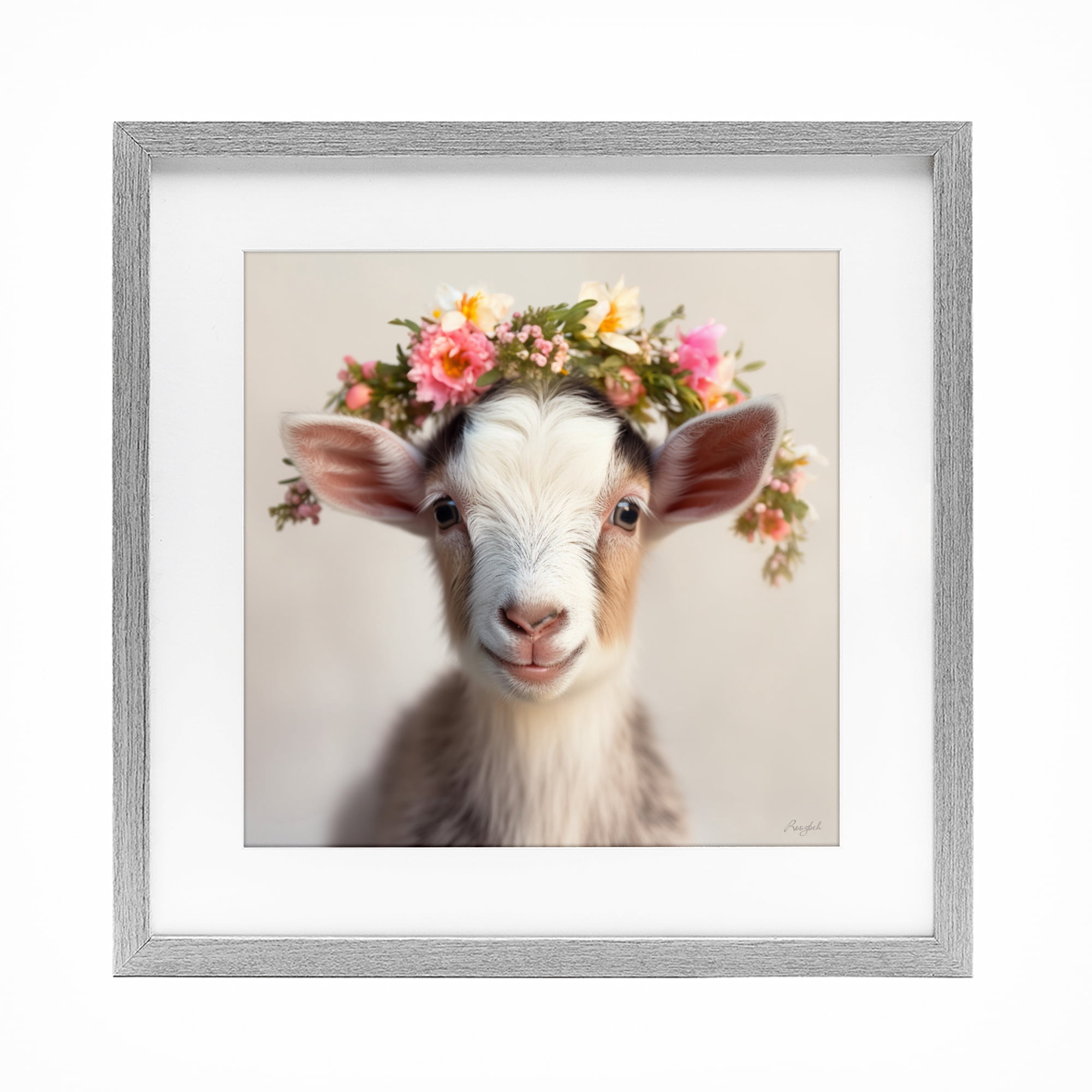 Stupell Industries Flower Crowned Goat Gray Framed Print Under Glass, design by Roozbeh