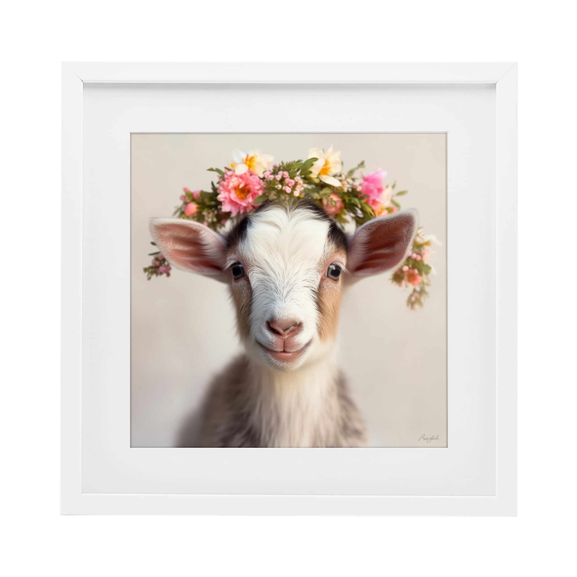 Stupell Industries Flower Crowned Goat White Framed Print Under Glass, design by Roozbeh