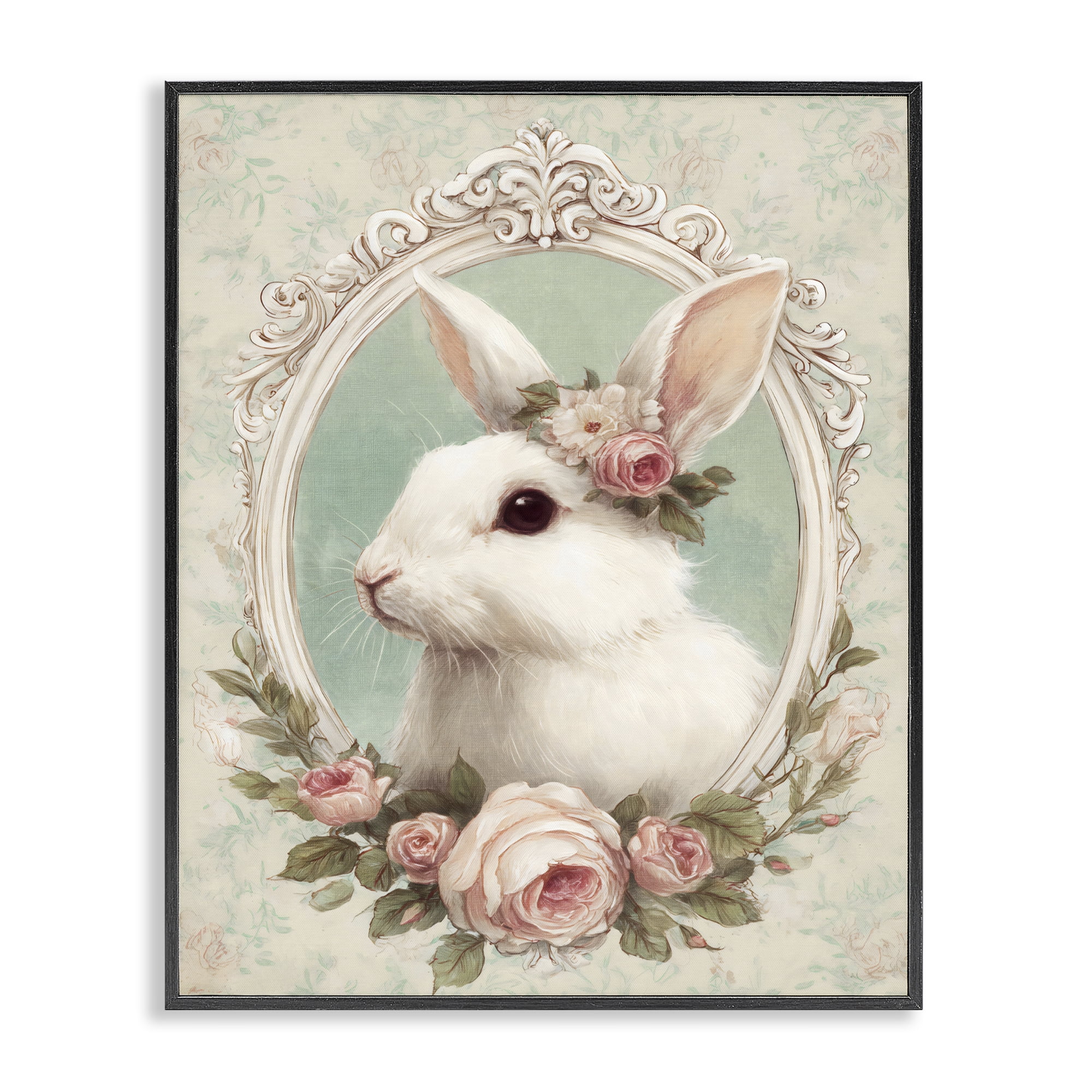 Stupell Industries Flower Fringed Bunny Portrait Black Framed Giclee Art, design by Ink Drop Loft