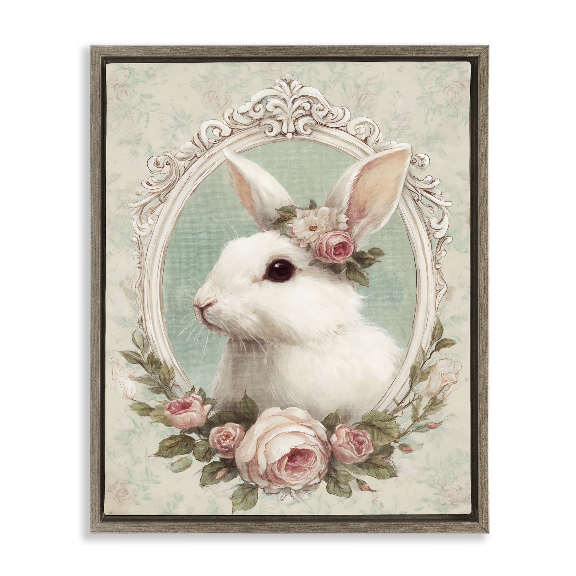 Stupell Industries Flower Fringed Bunny Portrait Brown Framed Floater Canvas Wall Art, design by Ink Drop Loft