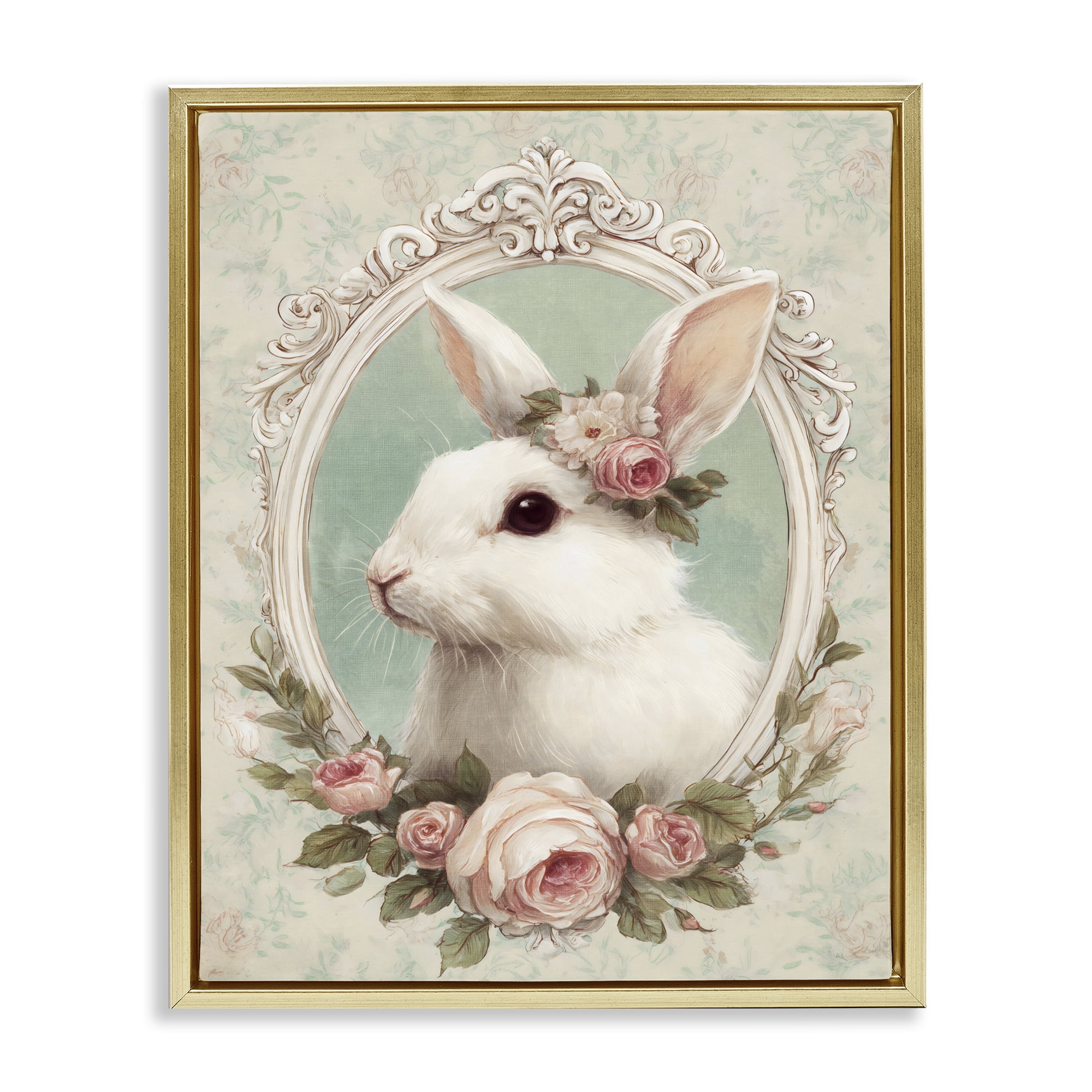 Stupell Industries Flower Fringed Bunny Portrait Gold Framed Floater Canvas Wall Art, design by Ink Drop Loft