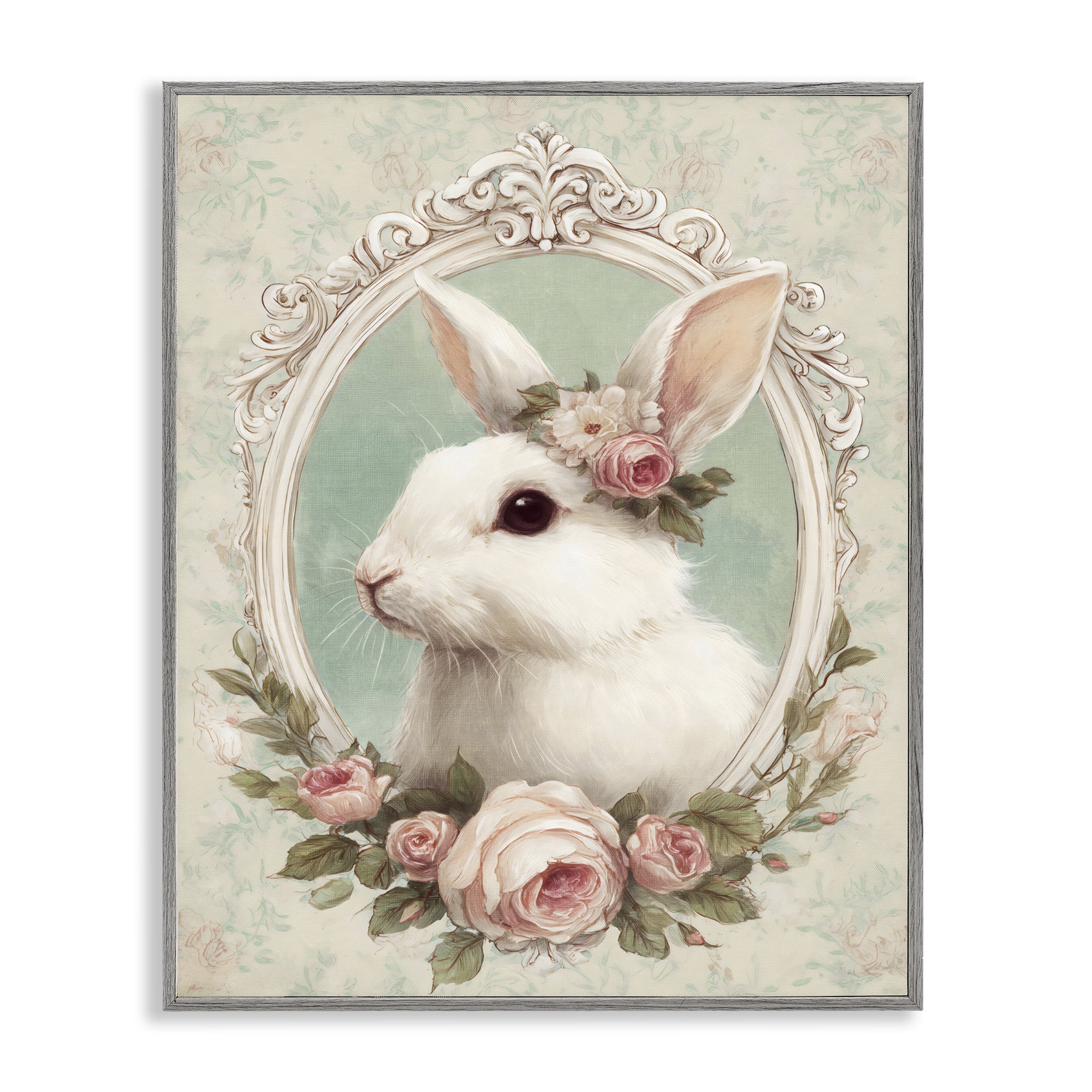 Stupell Industries Flower Fringed Bunny Portrait Gray Framed Giclee Art, design by Ink Drop Loft