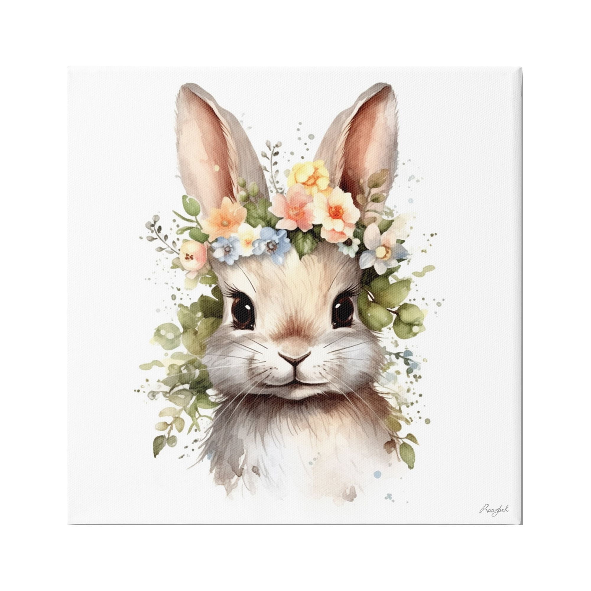 Stupell Industries Flower Garland Bunny Animals & Insects Painting Gallery Wrapped Canvas Art Print Wall Art, 17 x 17