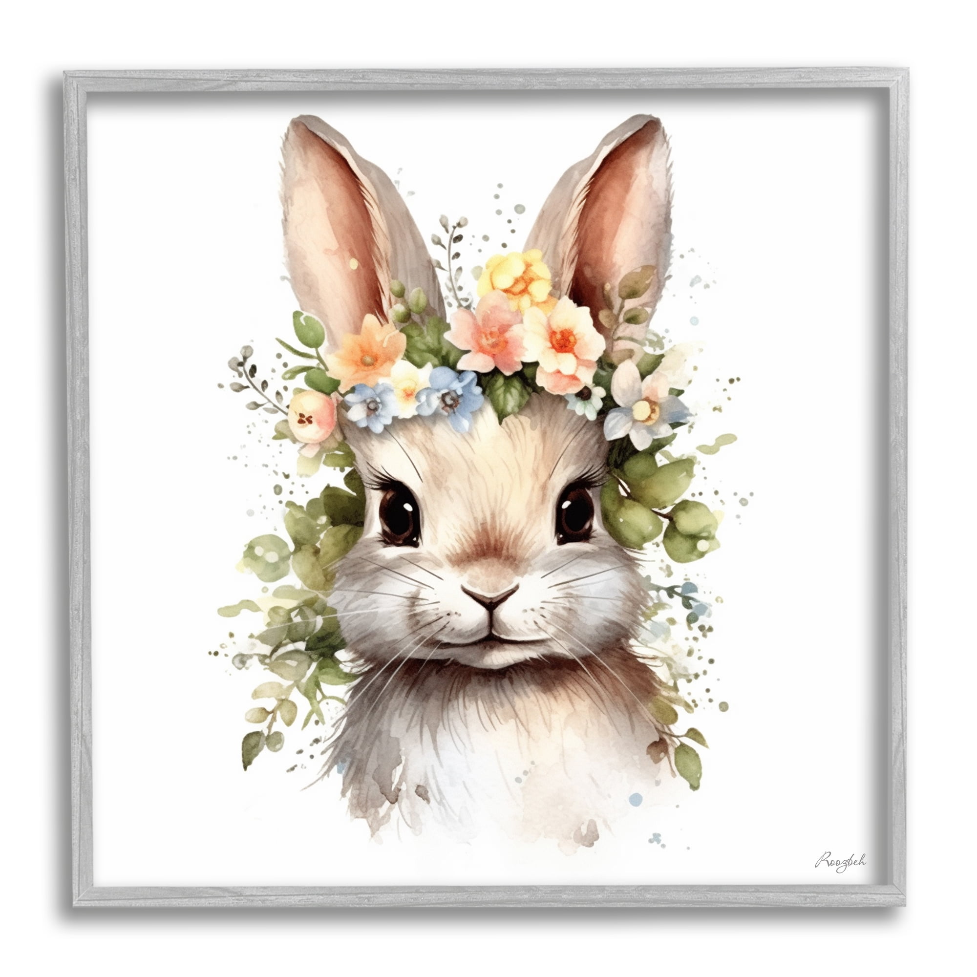 Stupell Industries Flower Garland Bunny Animals & Insects Painting Gray Framed Art Print Wall Art, 12 x 12