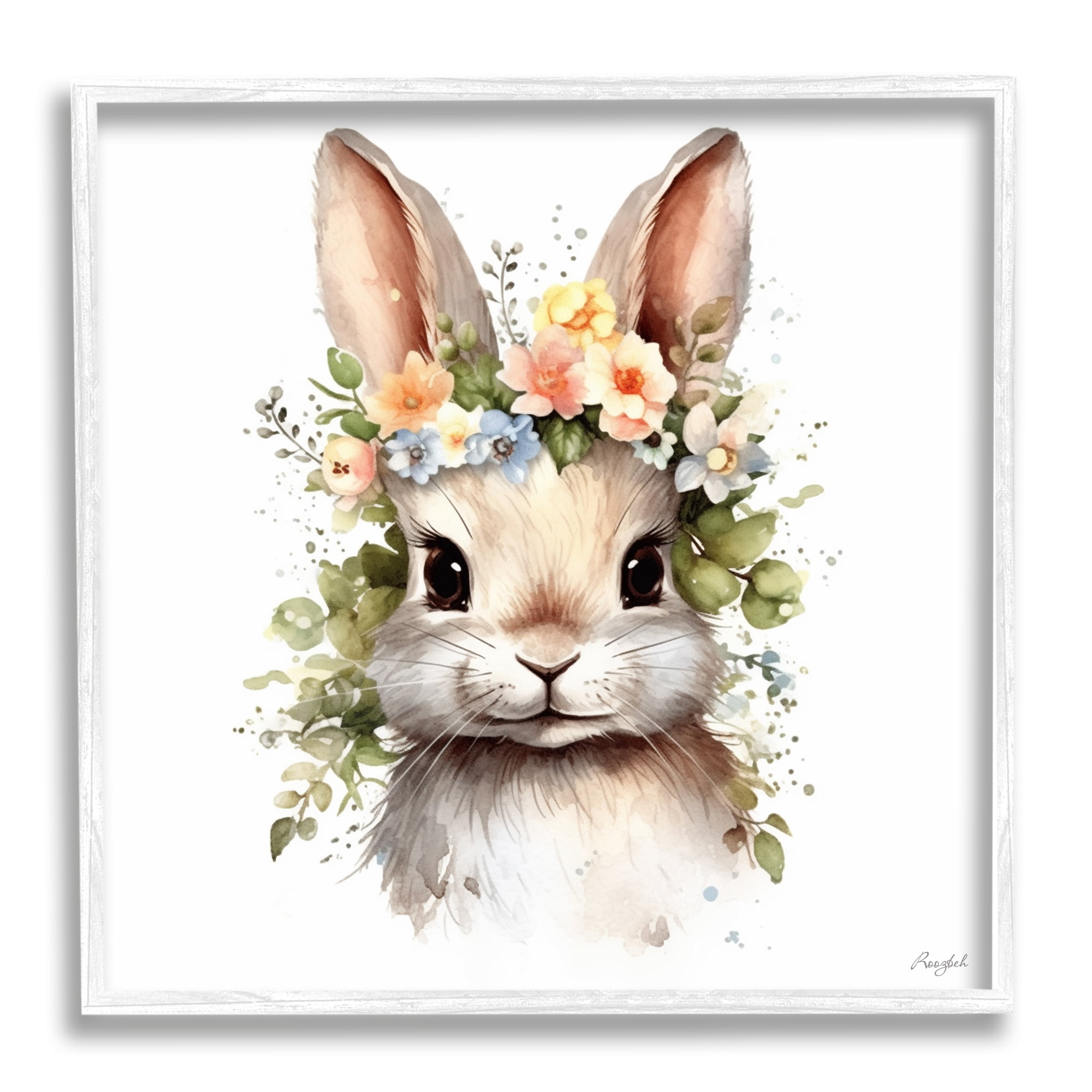 Stupell Industries Flower Garland Bunny Animals & Insects Painting White Framed Art Print Wall Art, 12 x 12