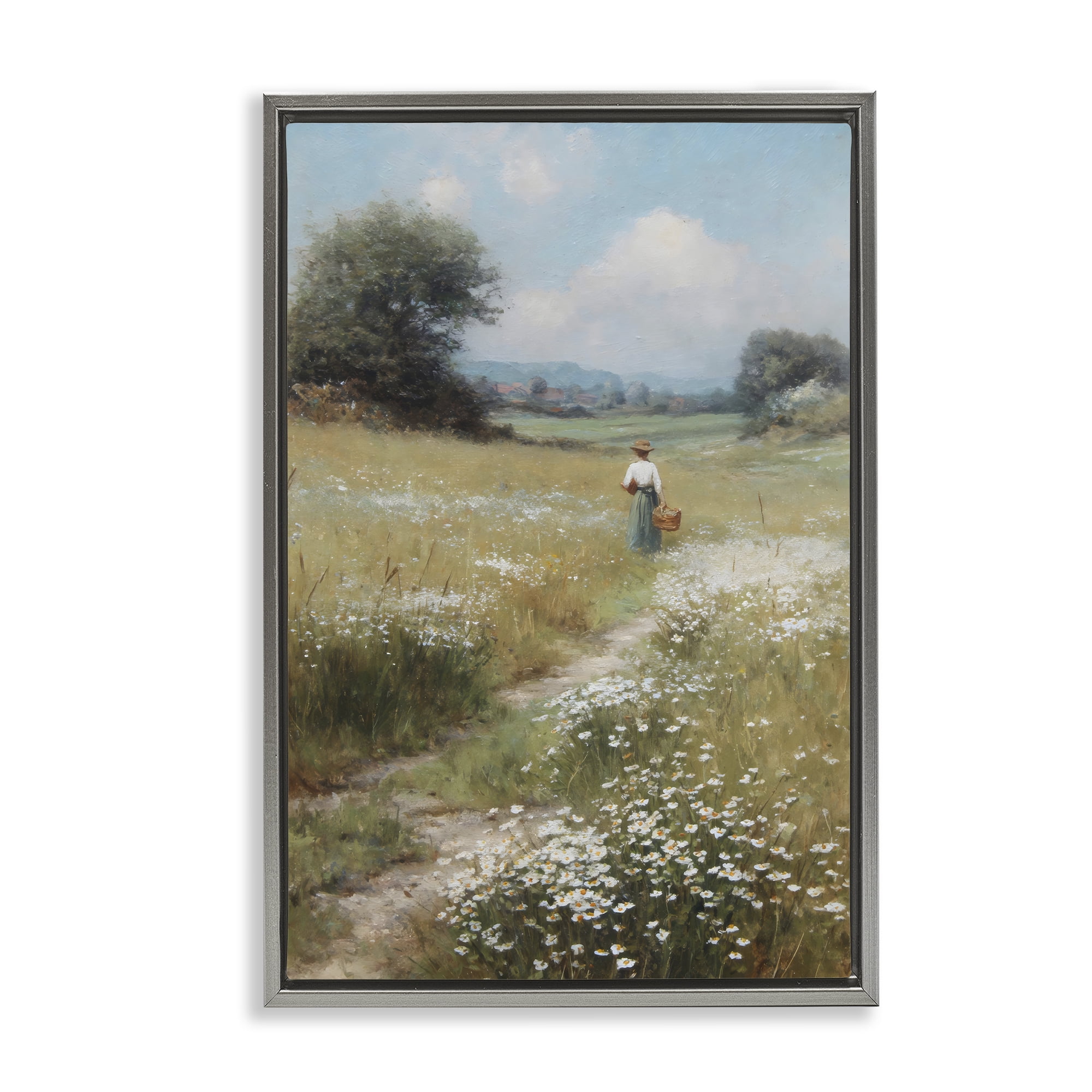 Stupell Industries Flower Gazing in Summer Meadow Gray Framed Floater Canvas Wall Art, design by Petal Prints Design