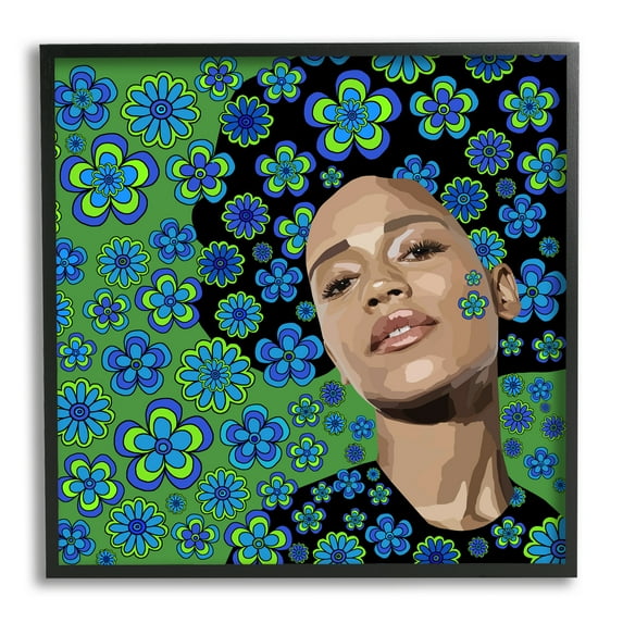 Stupell Industries Flower Girl Retro Blue & Green Botanical & Floral Painting Black Framed Art Print Wall Art