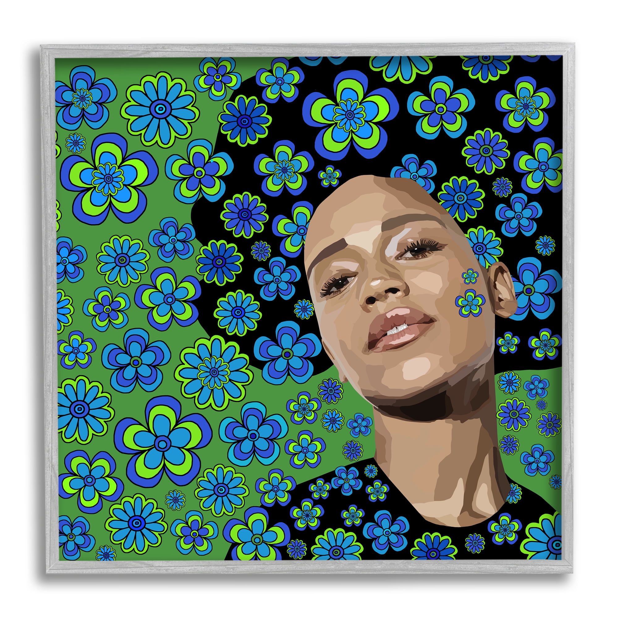 Stupell Industries Flower Girl Retro Blue & Green Botanical & Floral Painting Gray Framed Art Print Wall Art