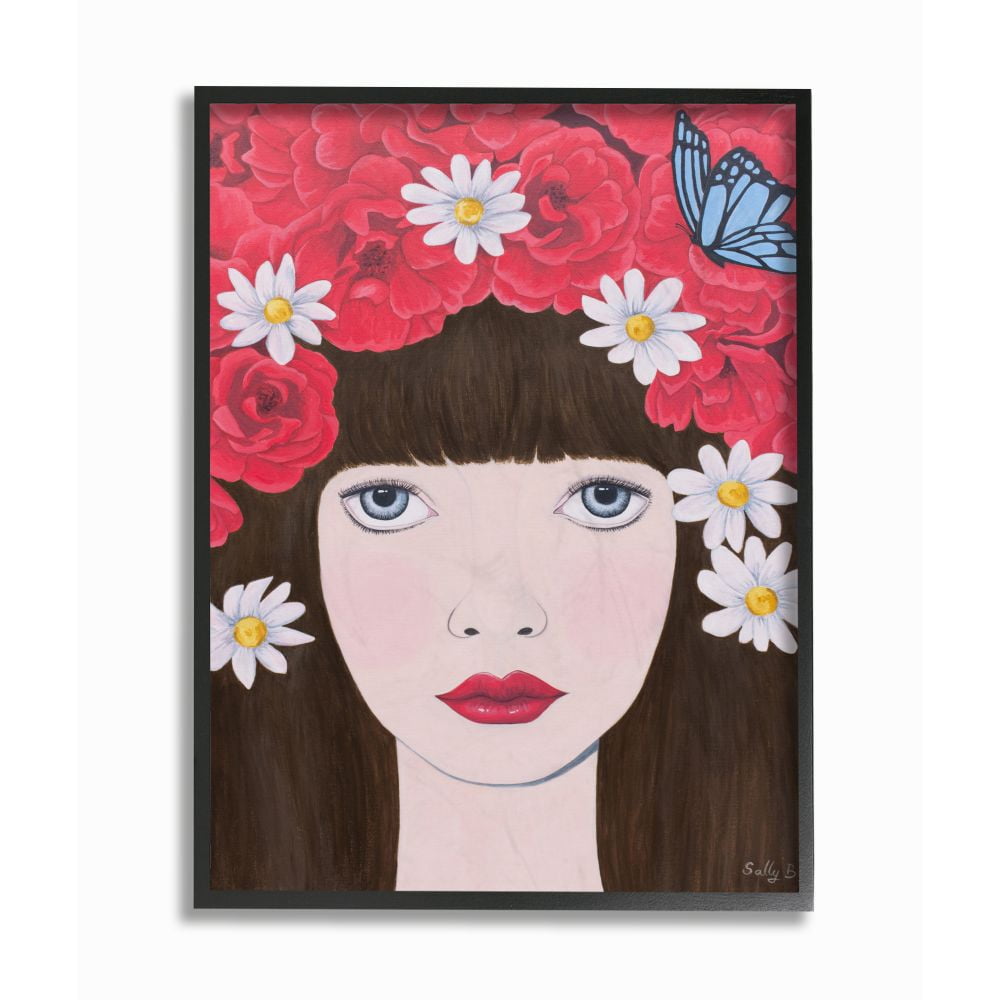 Stupell Industries Flower Headdress Red Woman Painting Black Framed Art Print Wall Art, 16x20, by Sally B