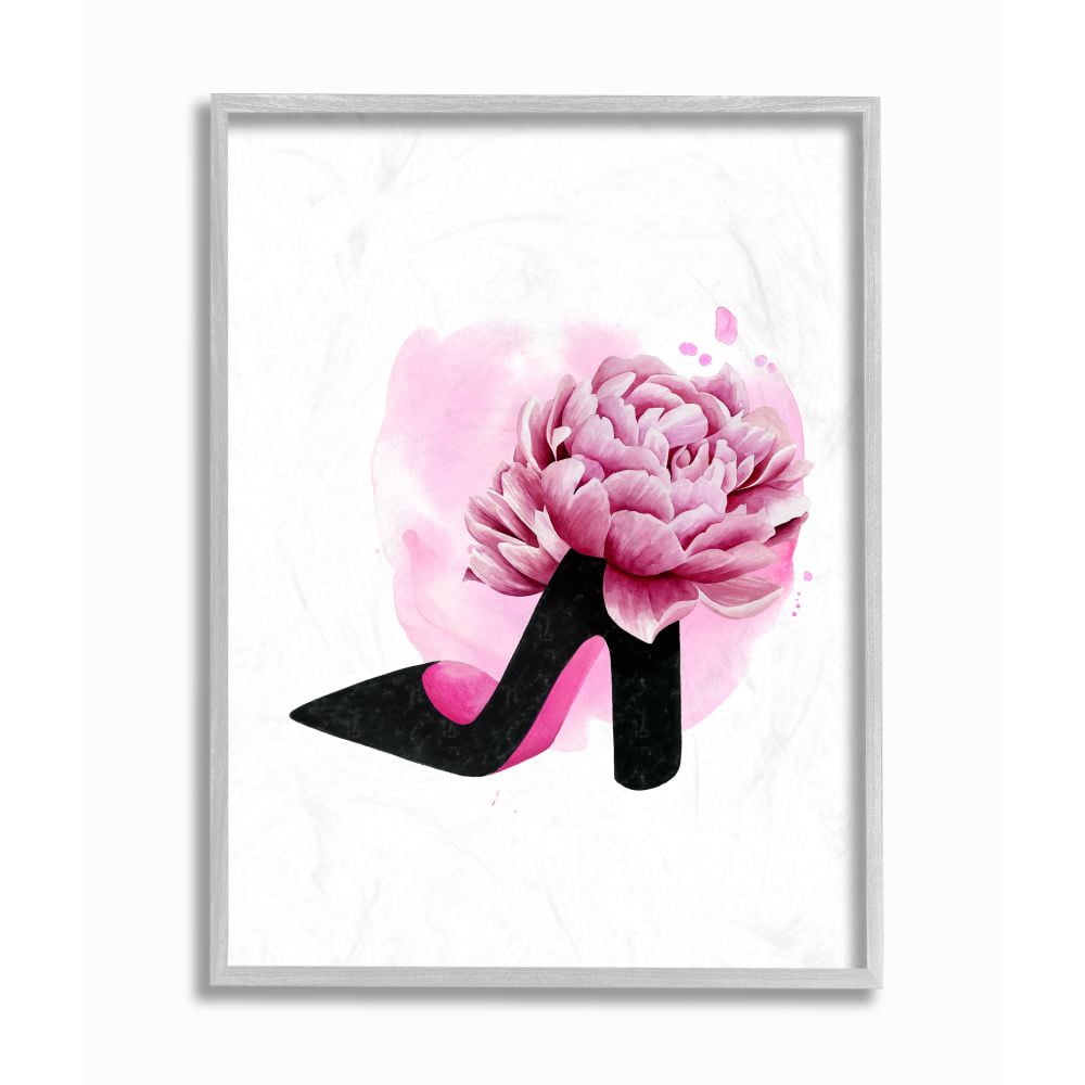 Stupell Industries Flower Heel Pink Black Glam Fashion Design Framed Wall Art by Grace Popp
