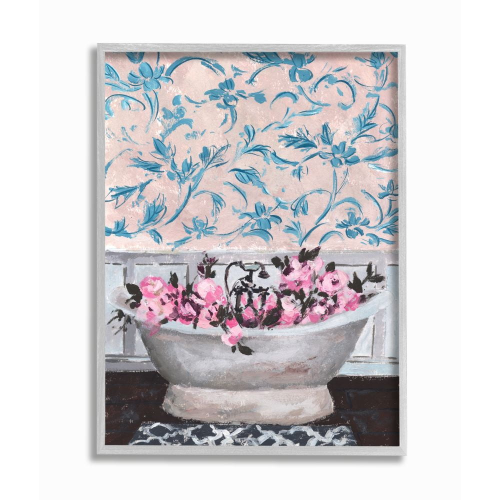 Stupell Industries Flower In Bath Tub Blue Pink Interior Design Framed Wall Art by Melissa Wang