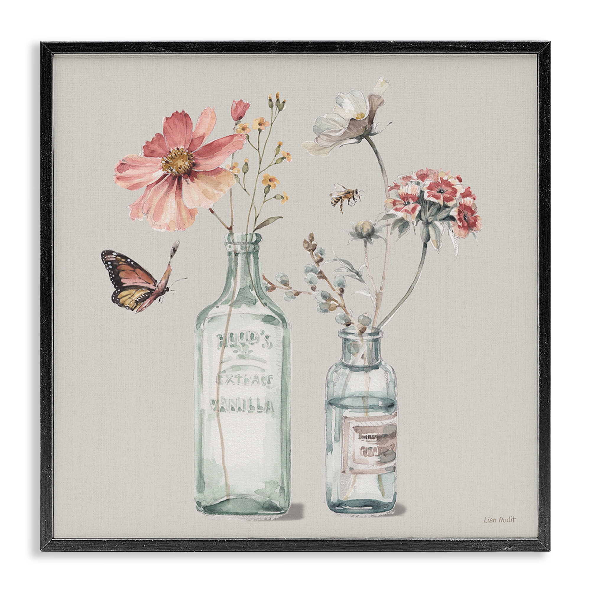Stupell Industries Flower Jar Butterfly Bee Pink Grey Painting Framed Giclee Texturized Art by Lisa Audit