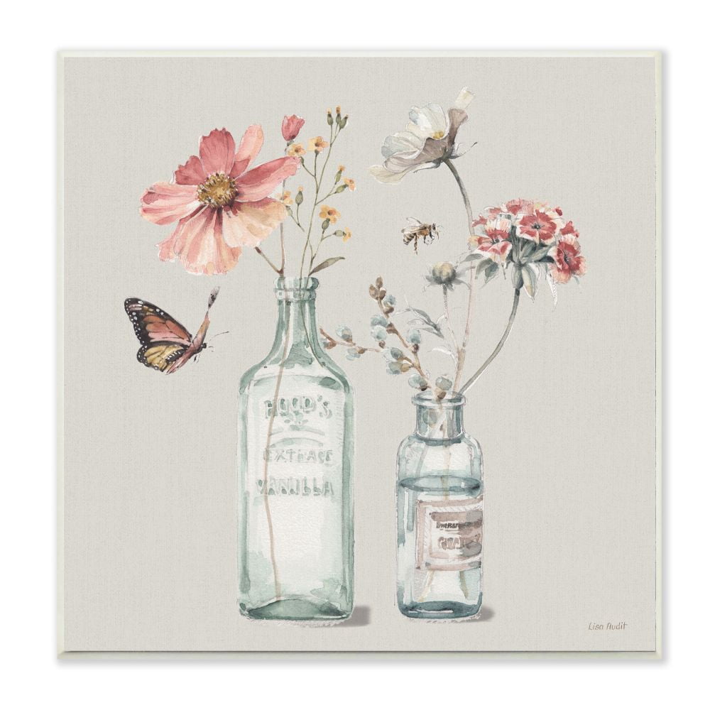 Stupell Industries Flower Jar Butterfly Bee Pink Grey Painting Wall Plaque Art by Lisa Audit