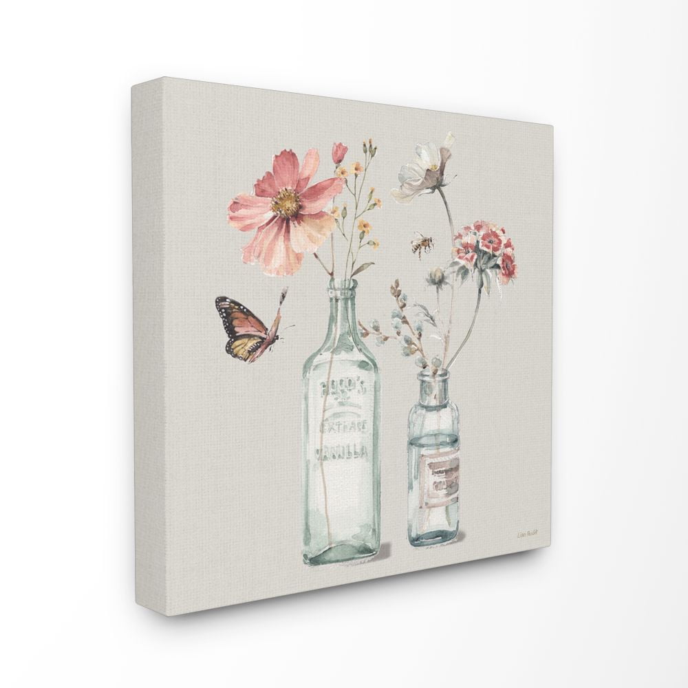 Stupell Industries Flower Jar Butterfly Bee Pink Grey Painting XL Canvas Wall Art by Lisa Audit