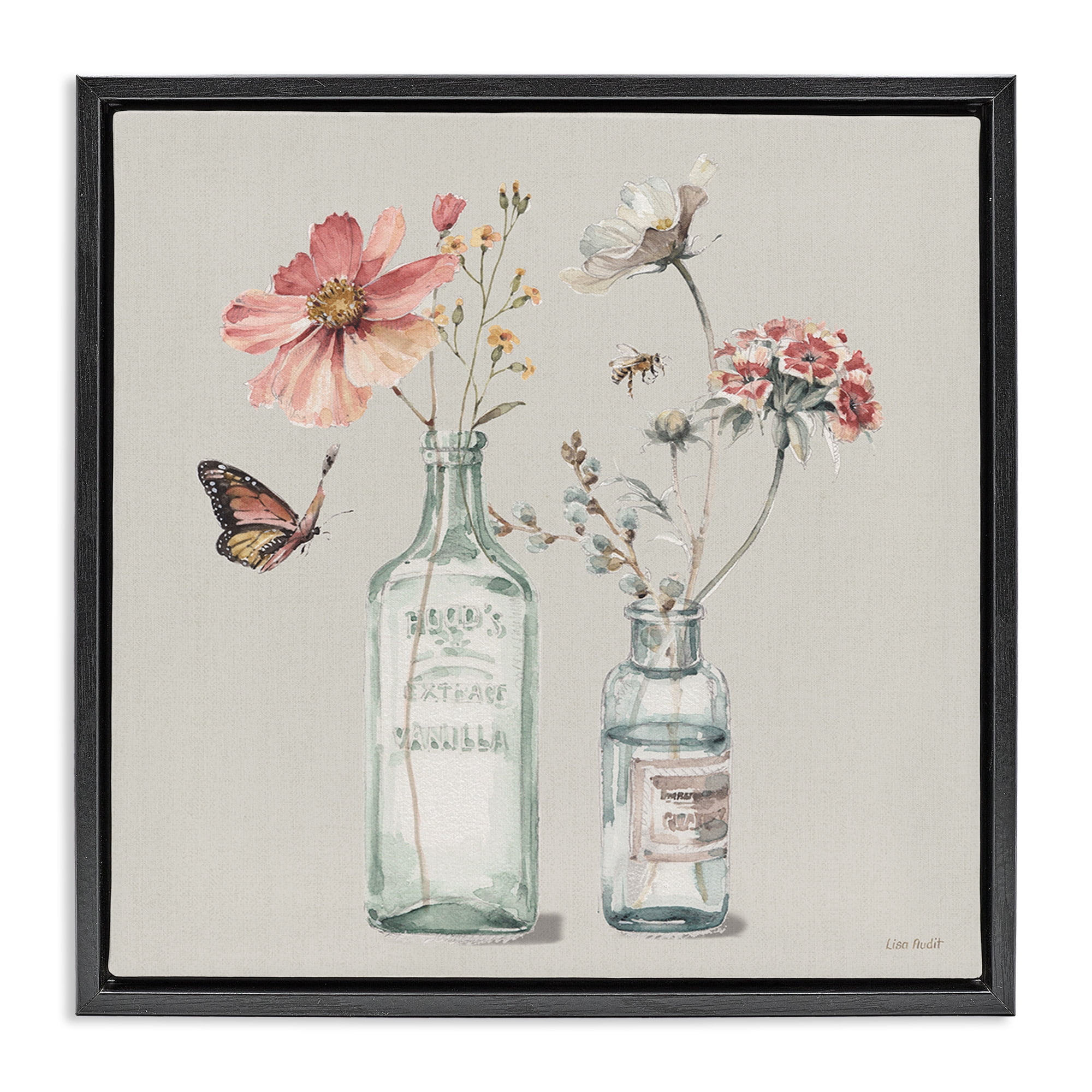 Stupell Industries Flower Jar Butterfly Painting Botanical & Floral Painting Black Floater Framed Canvas Art Print Wall Art, 25 x 25