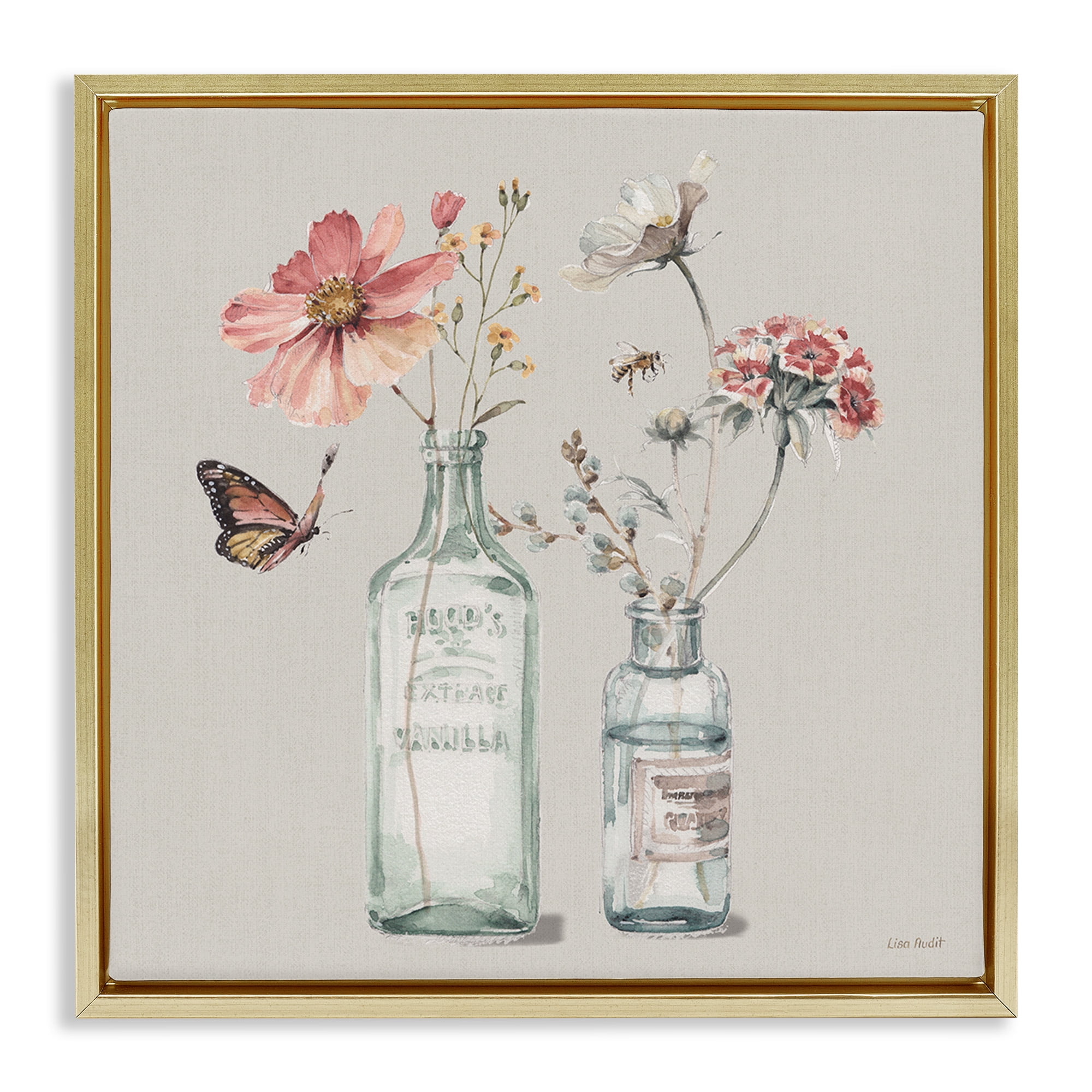 Stupell Industries Flower Jar Butterfly Painting Botanical & Floral Painting Gold Floater Framed Canvas Art Print Wall Art, 18 x 18