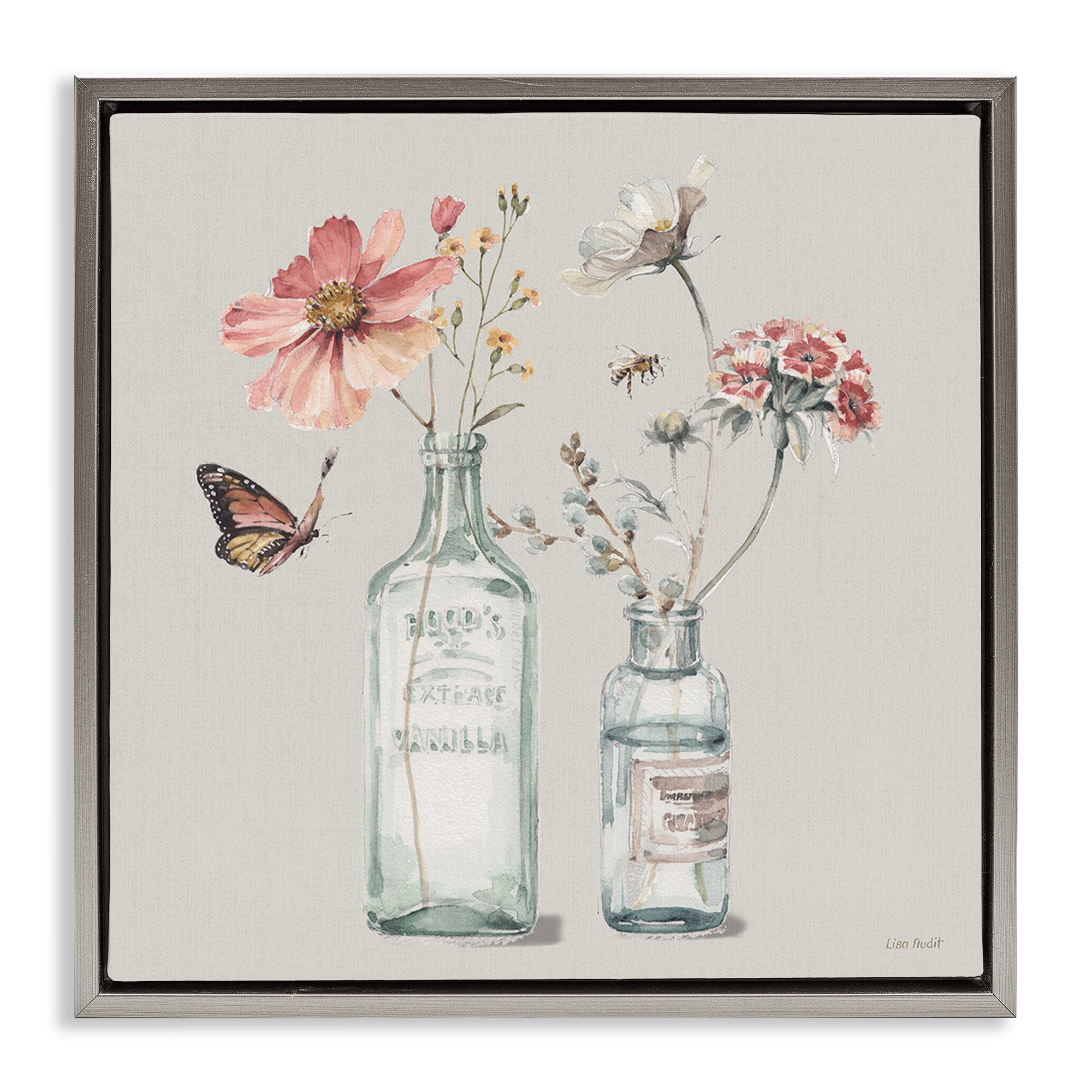 Stupell Industries Flower Jar Butterfly Painting Botanical & Floral Painting Gray Floater Framed Canvas Art Print Wall Art, 25 x 25