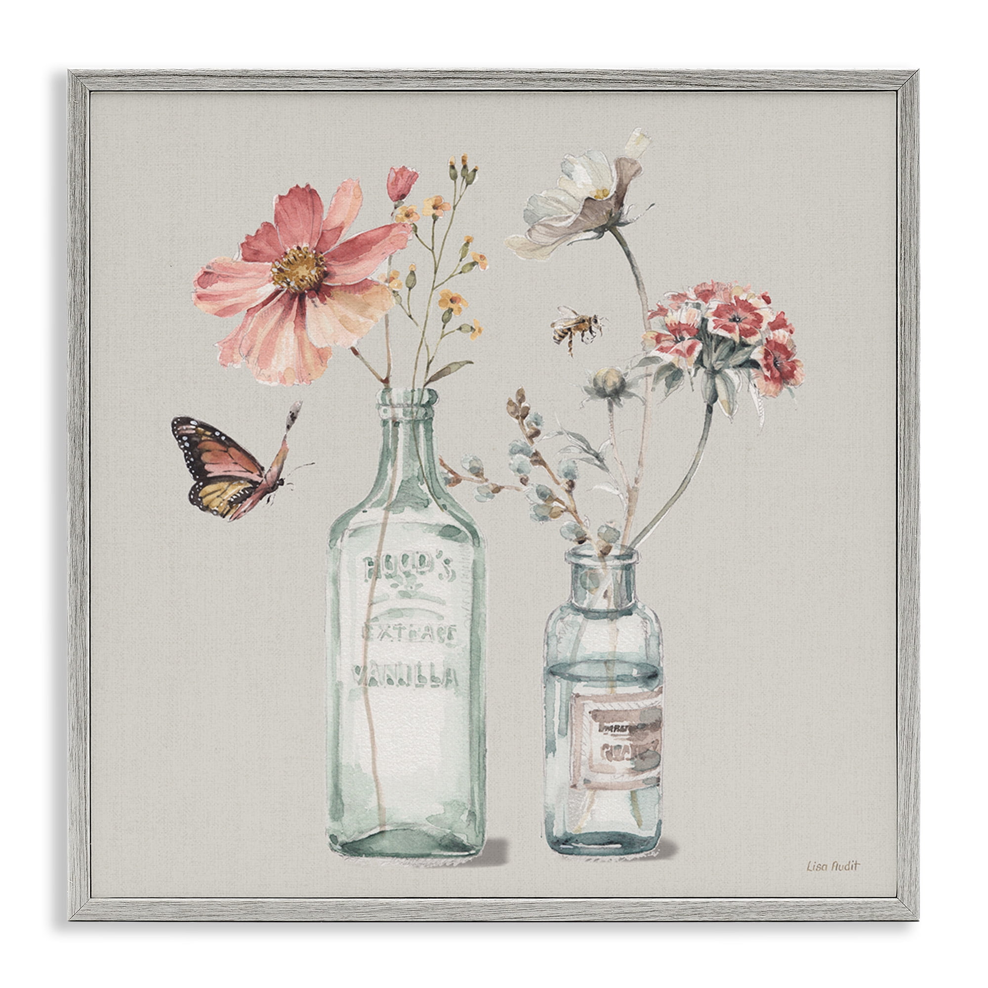 Stupell Industries Flower Jar Butterfly Painting Botanical & Floral Painting Gray Framed Art Print Wall Art, 24 x 24