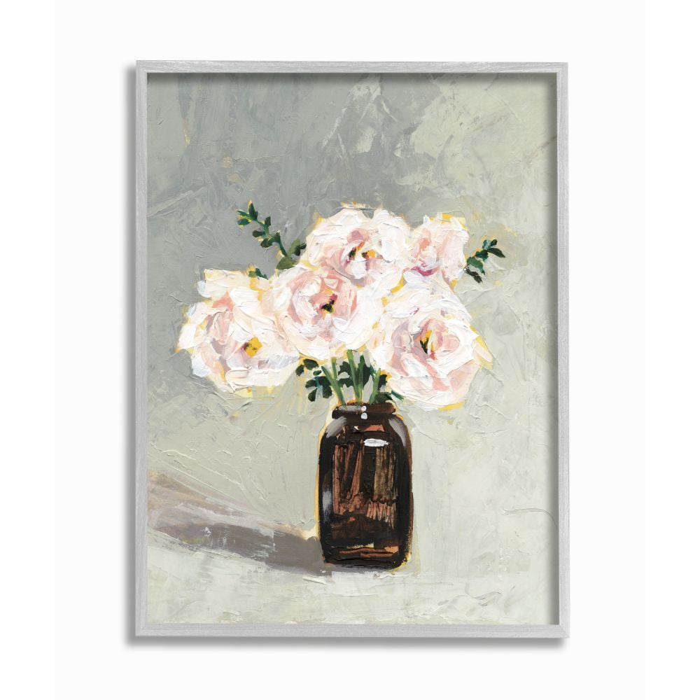 Stupell Industries Flower Jar Green Pink Modern Painting Gray Farmhouse Rustic Framed Giclee Texturized Art by Victoria Borges