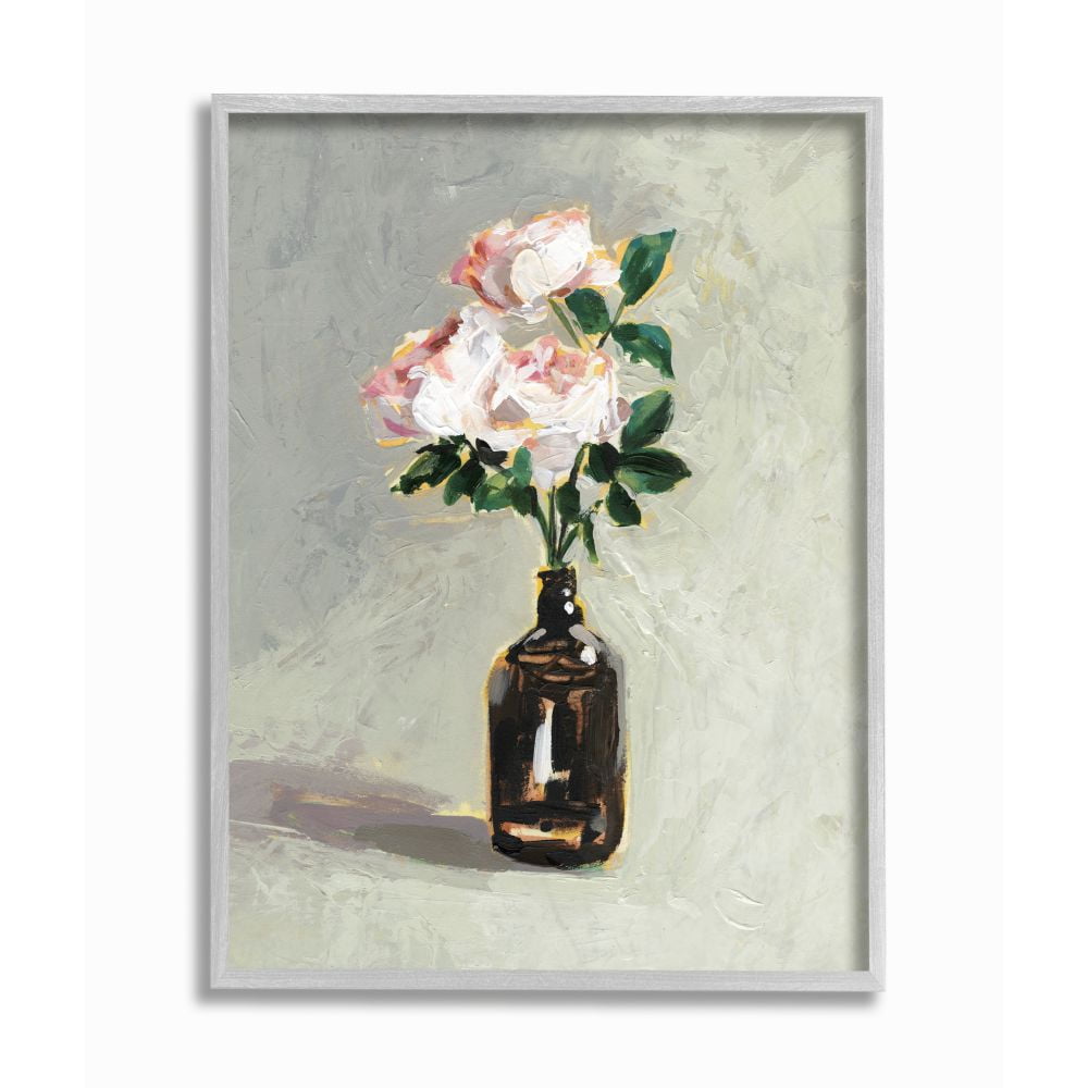 Stupell Industries Flower Jar Green Pink Neutral Modern Painting Gray Farmhouse Rustic Framed Giclee Texturized Art by Victoria Borges