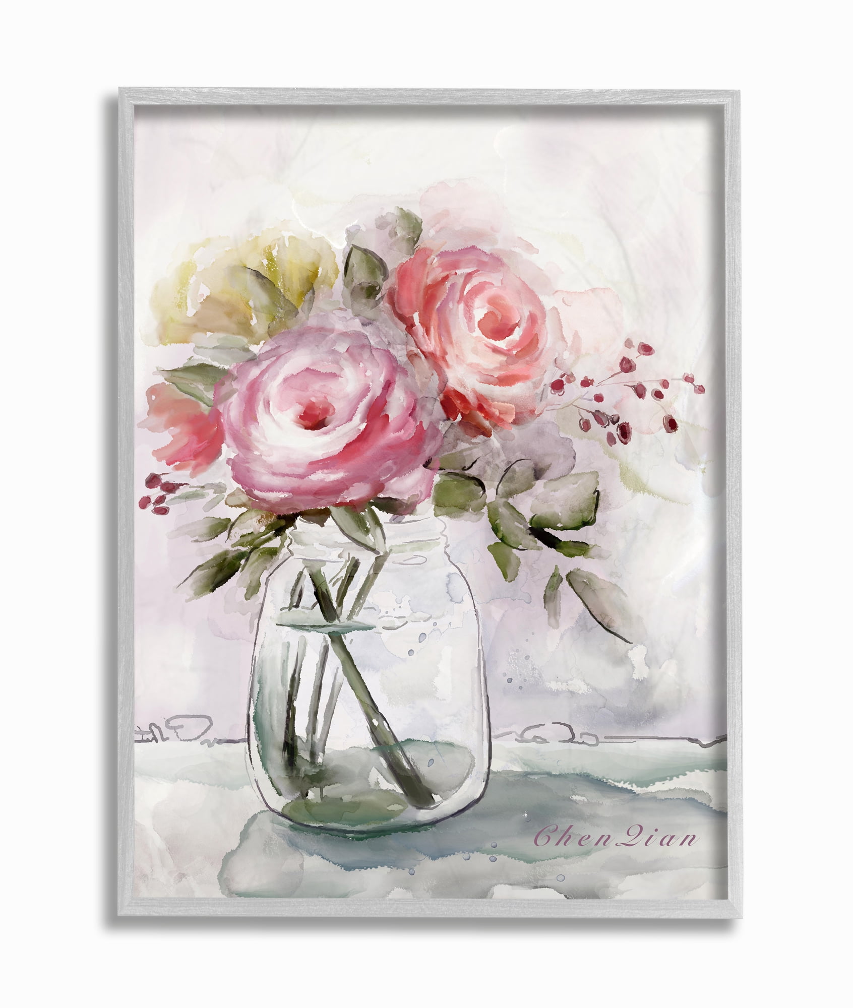 Stupell Industries Flower Jar Pink Green Watercolor Painting Gray Framed Wall Art, 16 x 20, byMain Line Studio