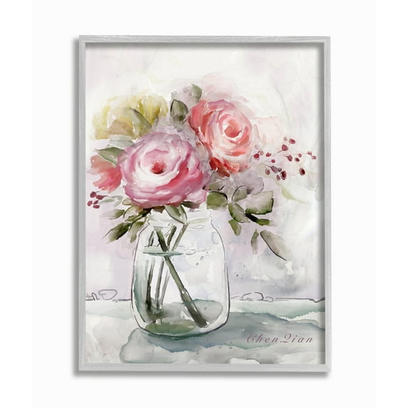 Stupell Industries Flower Jar Pink Green Watercolor Painting Gray Framed Wall Art, 16 x 20, byMain Line Studio