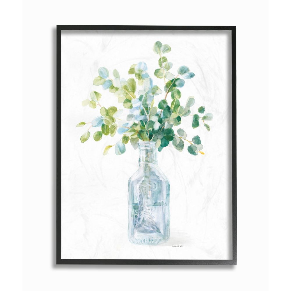 16" x 20" Green and Blue Abstract Floral Canvas Print with Black Frame