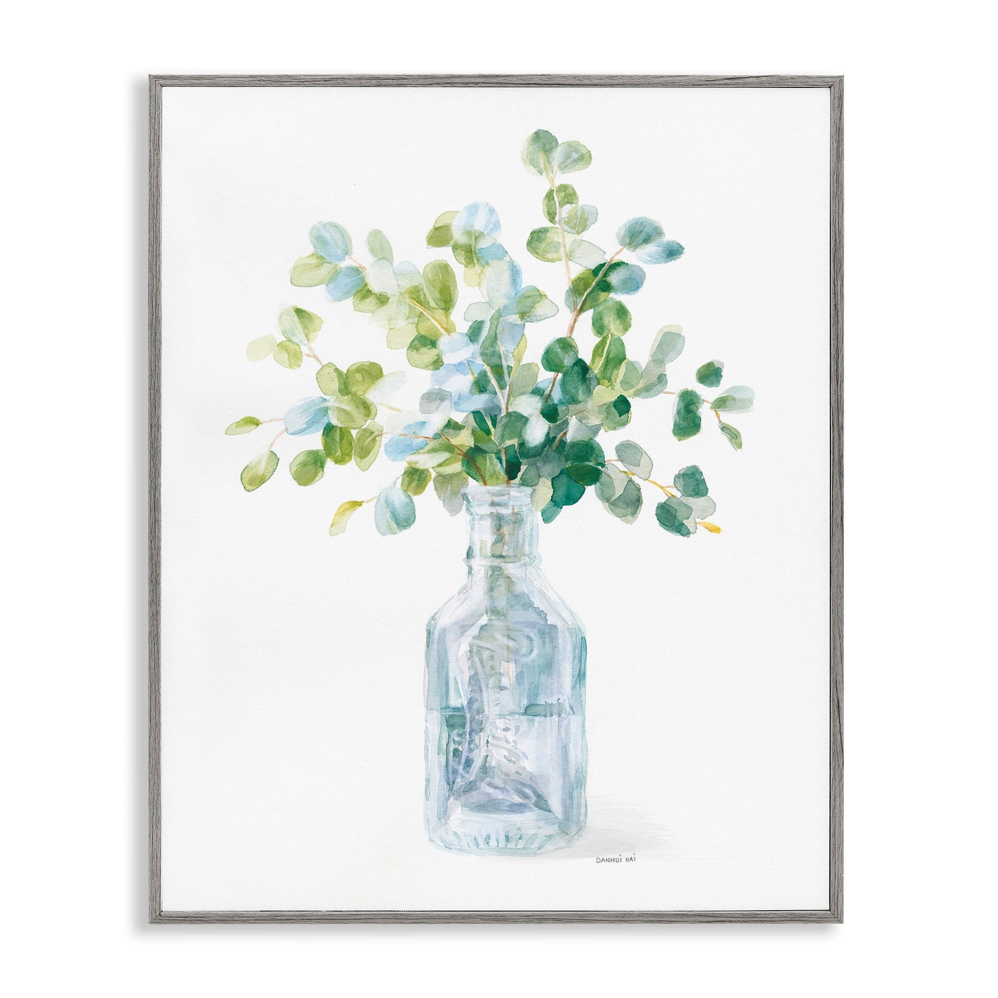 Green and Blue Flower Jar Still Life Canvas Print with Gray Frame, 24x30