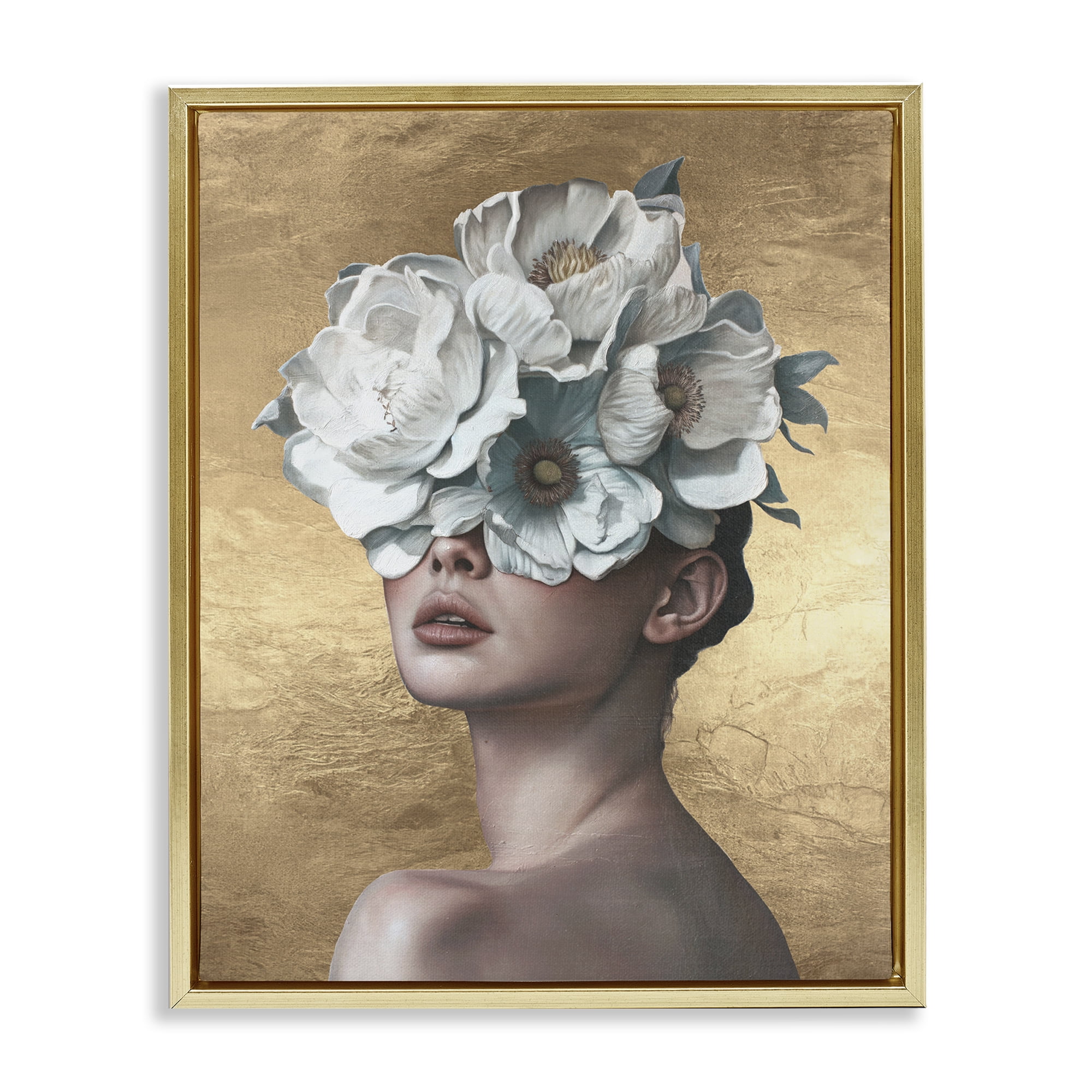 Stupell Industries Flower Lady on Gold People Painting Gold Floater Framed Canvas Art Print Wall Art, 25 x 31