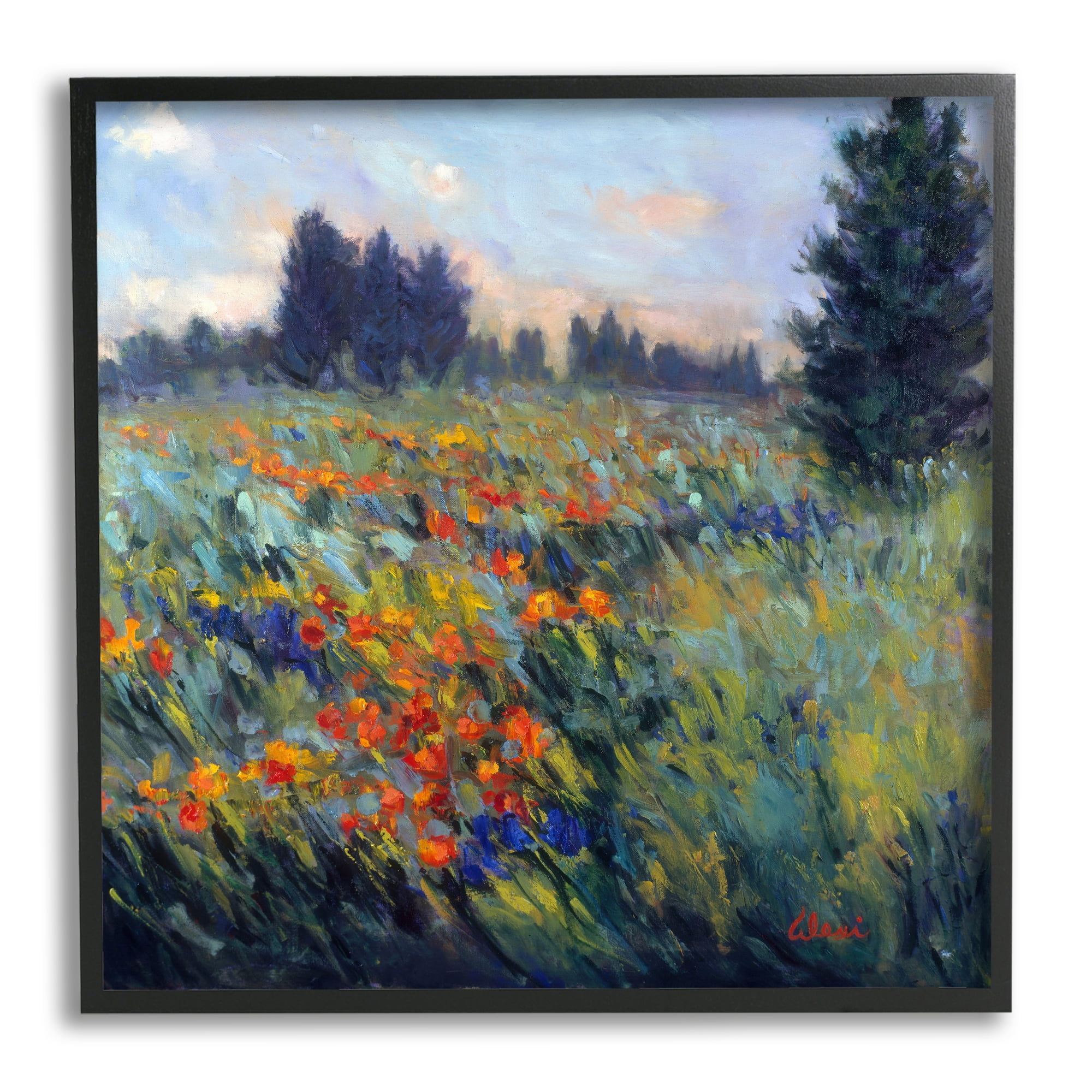 Stupell Industries Flower Meadow Landscape Landscape Painting Black Framed Art Print Wall Art, 24 x 24