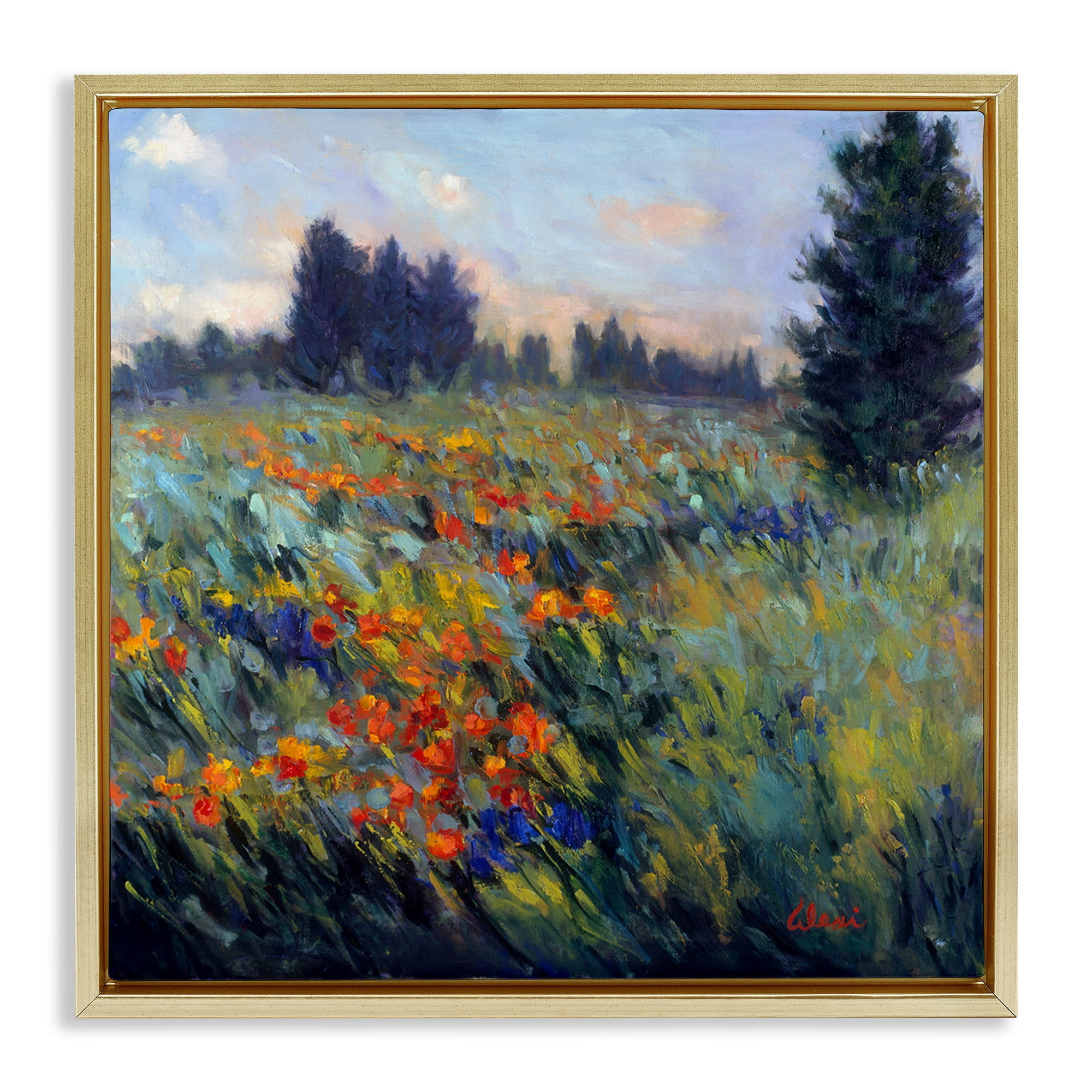 Stupell Industries Flower Meadow Landscape Landscape Painting Gold Floater Framed Canvas Art Print Wall Art, 18 x 18
