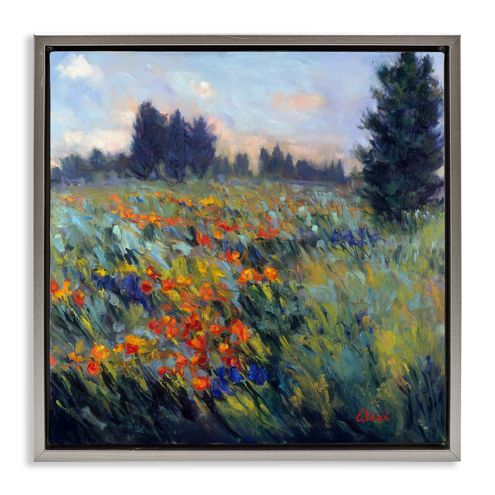 Stupell Industries Flower Meadow Landscape Landscape Painting Gray Floater Framed Canvas Art Print Wall Art, 18 x 18
