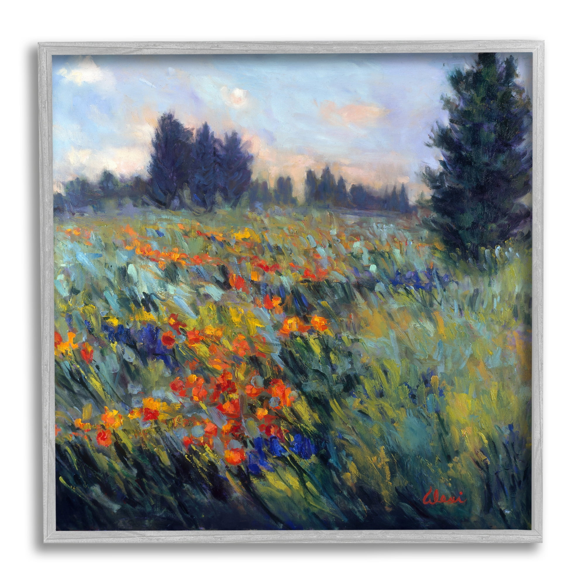 Stupell Industries Flower Meadow Landscape Landscape Painting Gray Framed Art Print Wall Art, 12 x 12