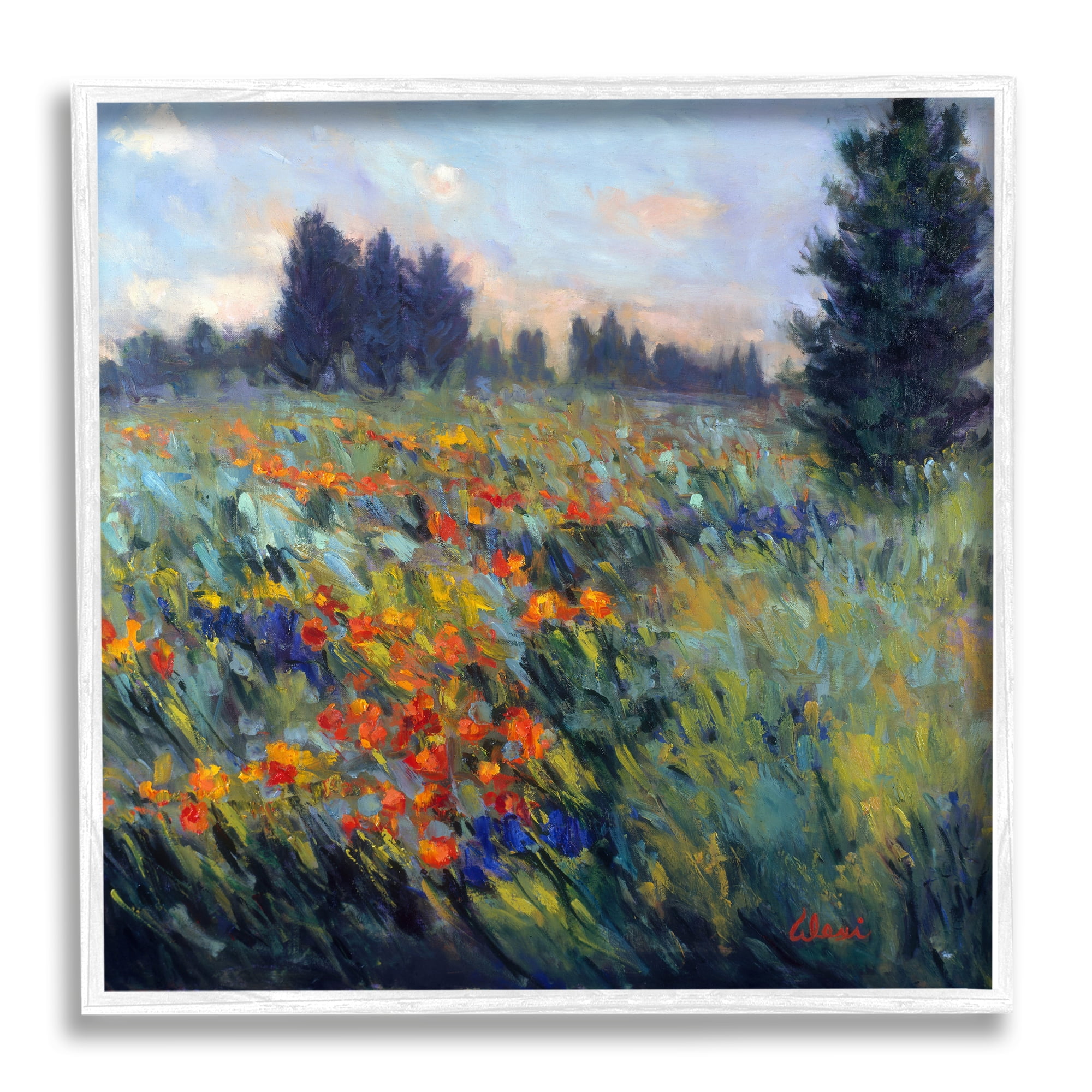 Stupell Industries Flower Meadow Landscape Landscape Painting White Framed Art Print Wall Art, 24 x 24