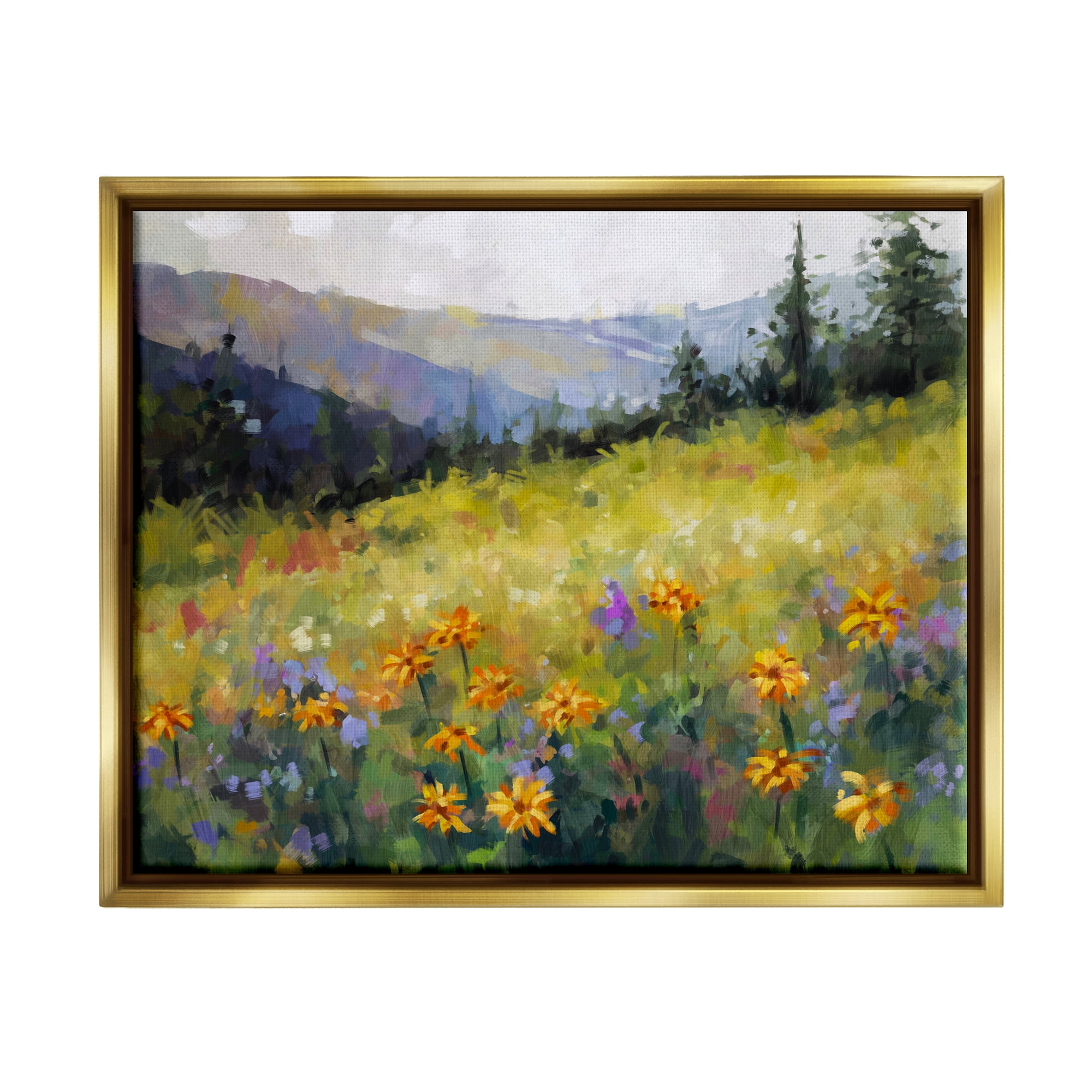 Stupell Industries Flower Meadow Painting Landscape Painting Gold Floater Framed Canvas Art Print Wall Art, 31 x 25