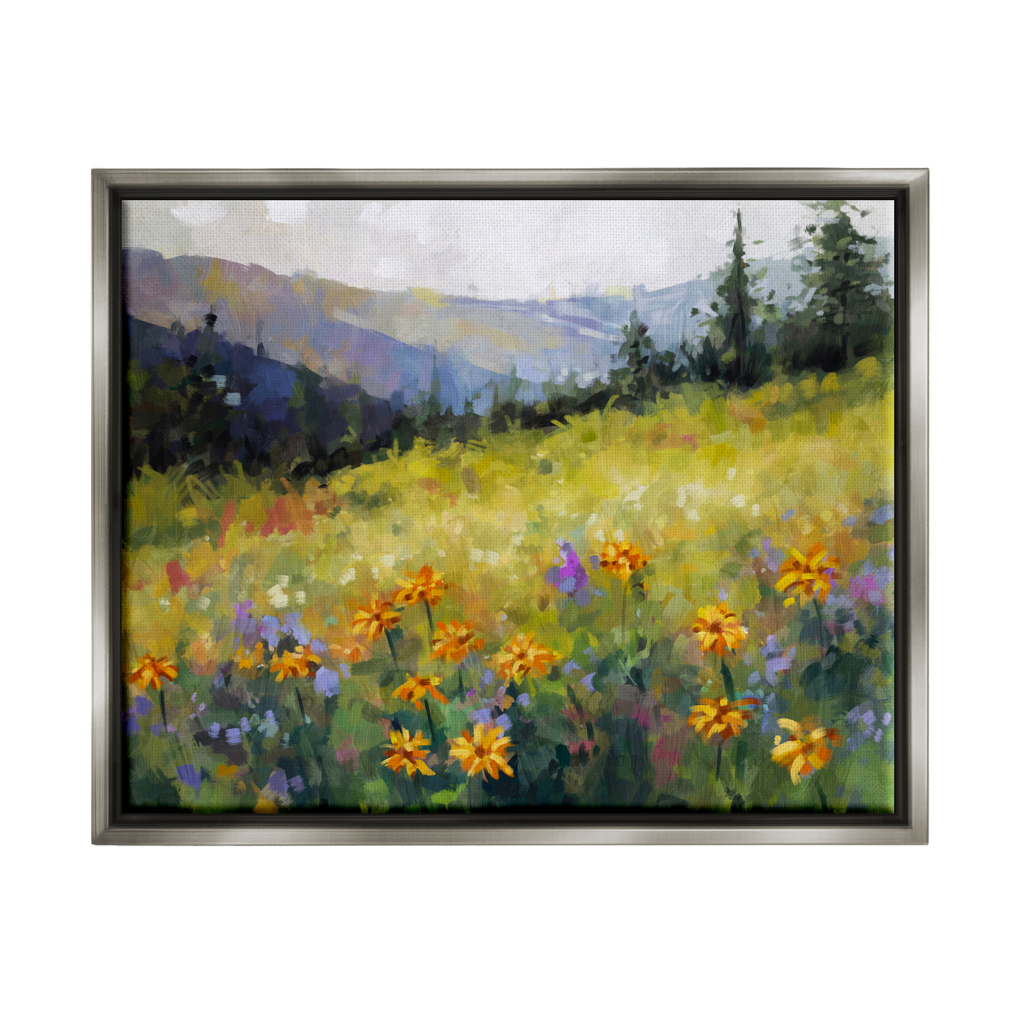 Stupell Industries Flower Meadow Painting Landscape Painting Gray Floater Framed Canvas Art Print Wall Art, 31 x 25