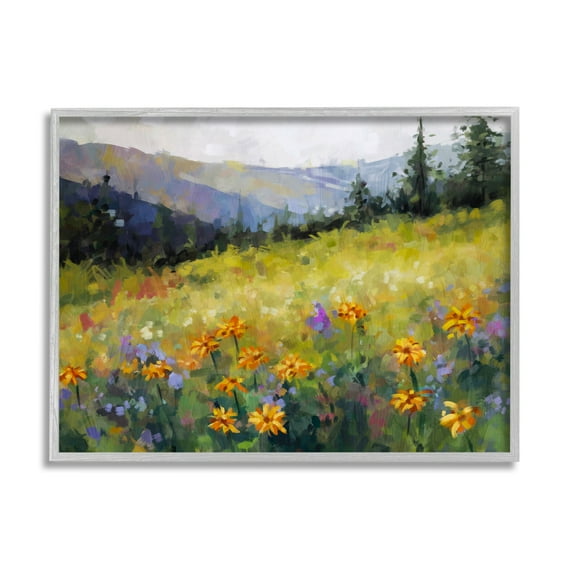 Stupell Industries Flower Meadow Painting Landscape Painting Gray Framed Art Print Wall Art, 14 x 11