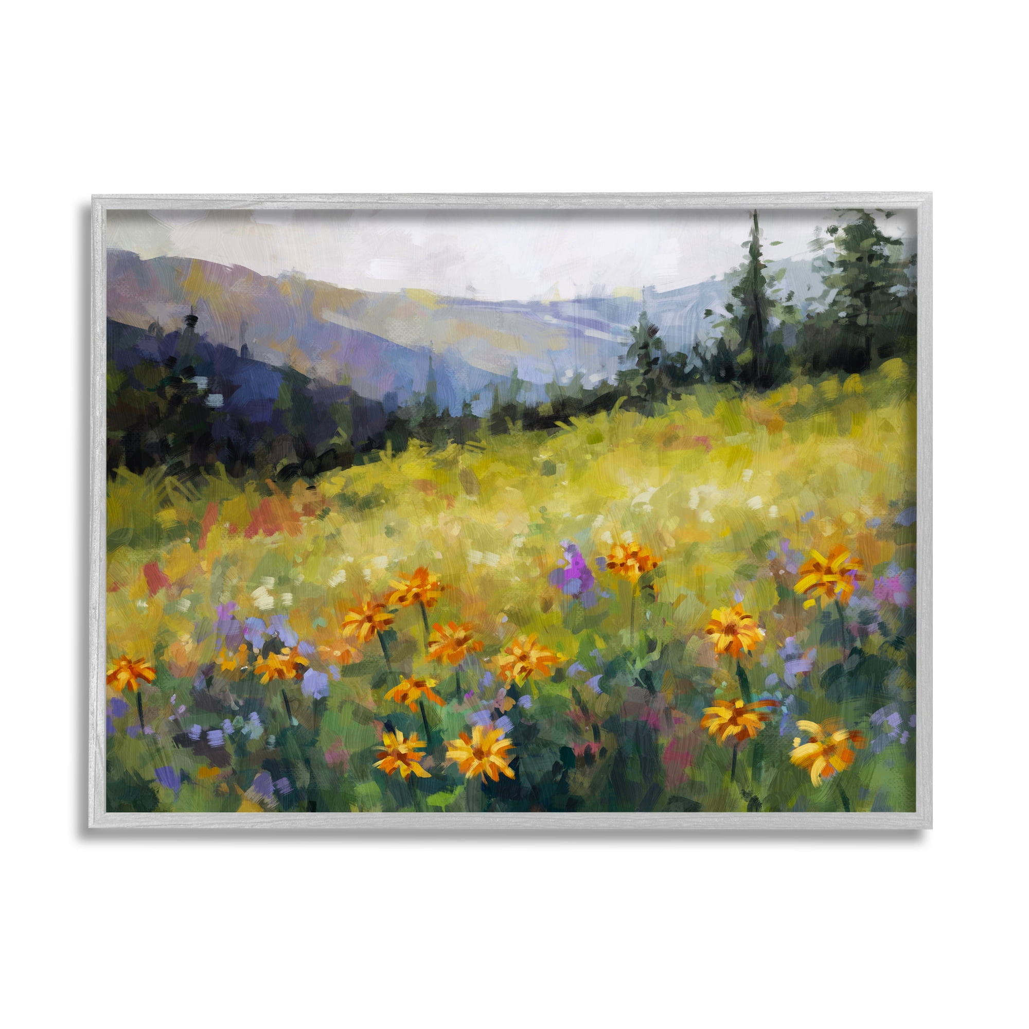 Stupell Industries Flower Meadow Painting Landscape Painting Gray Framed Art Print Wall Art, 30 x 24