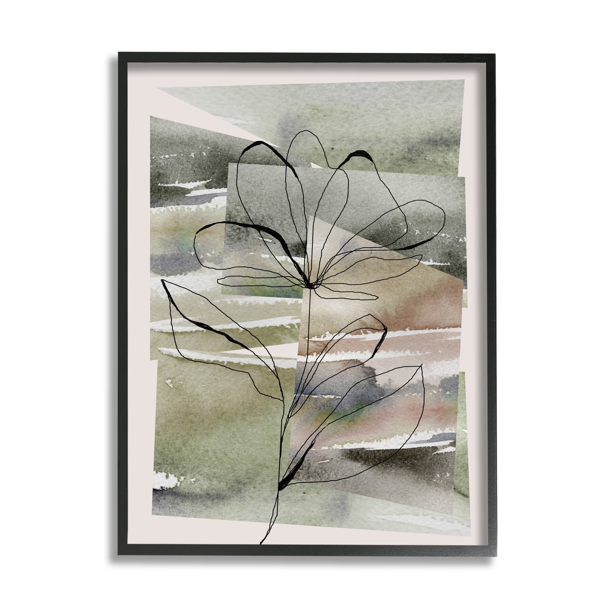 Stupell Industries Flower Outline on Green Botanical & Floral Painting Black Framed Art Print Wall Art, 24 x 30