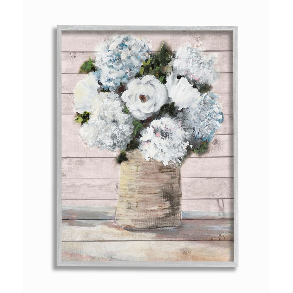 Stupell Industries Flower Pot Green Blue Pink Painting Gray Farmhouse Rustic Framed Giclee Texturized Art by Julie DeRice