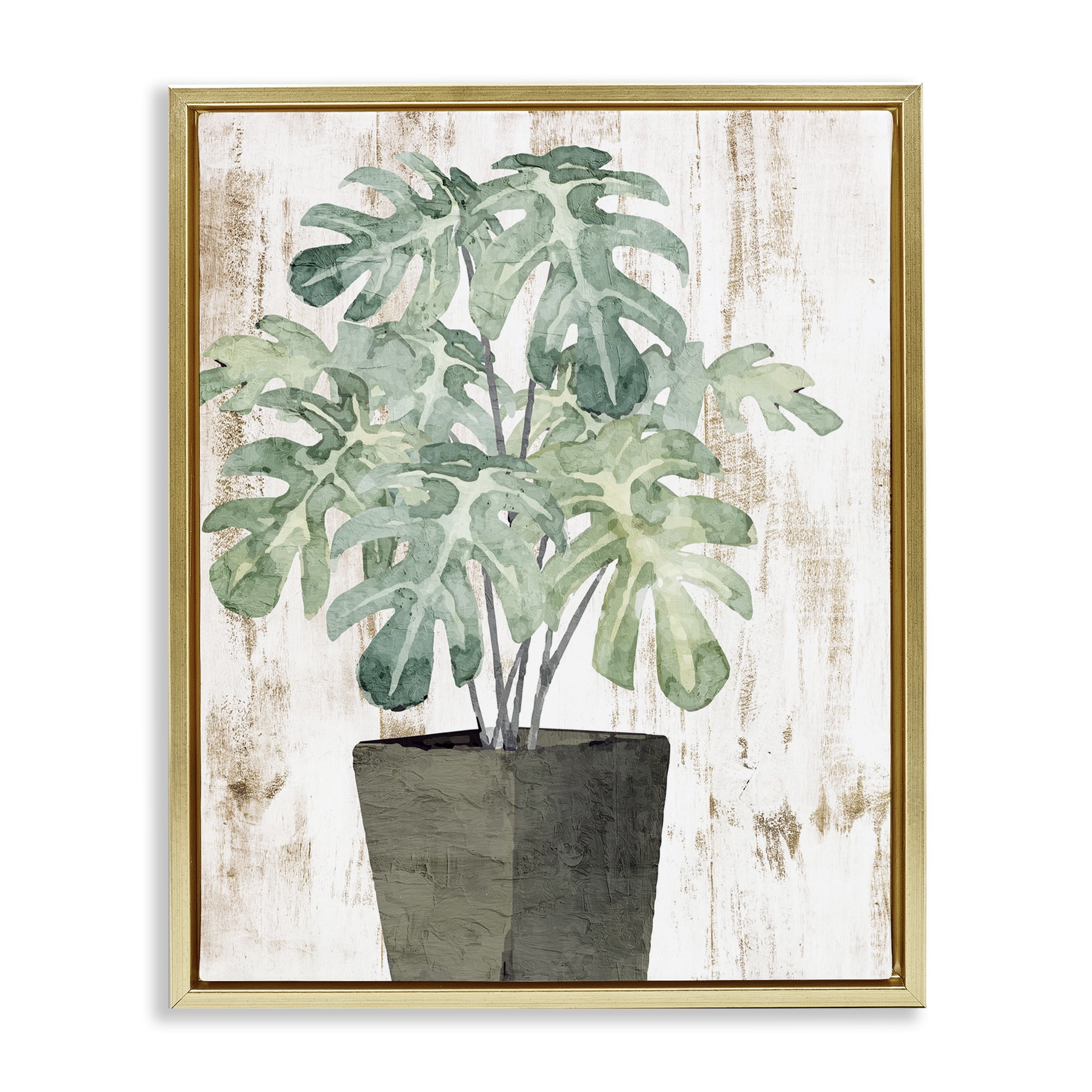Stupell Industries Flower Pot Greenery Botanical & Floral Painting Gold Floater Framed Art Print Wall Art, 17 x 21